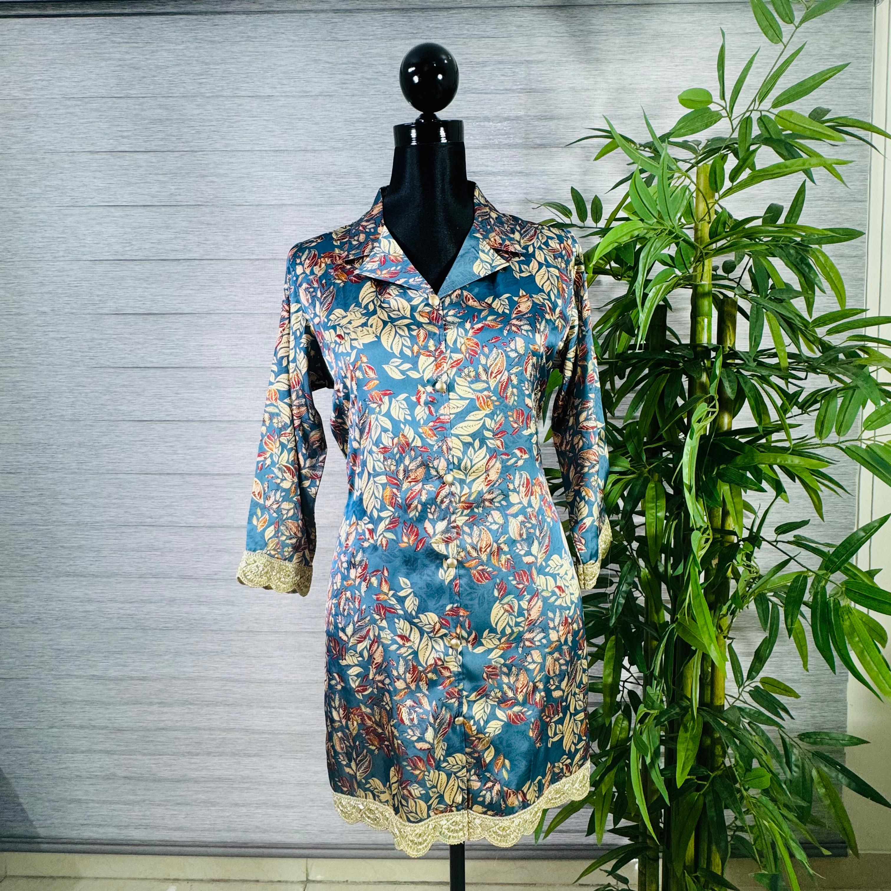 Teal Blue Floral Printed Silk Co-ord Set with Lace Detailing - Image 1