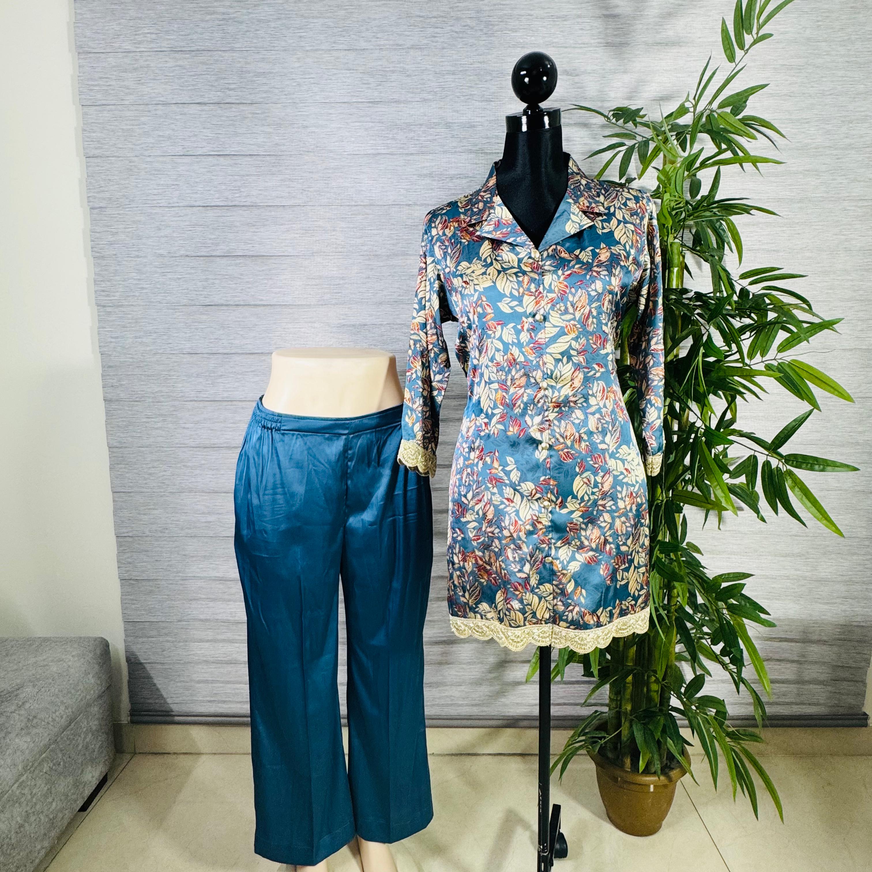 Teal Blue Floral Printed Silk Co-ord Set with Lace Detailing - Image 2
