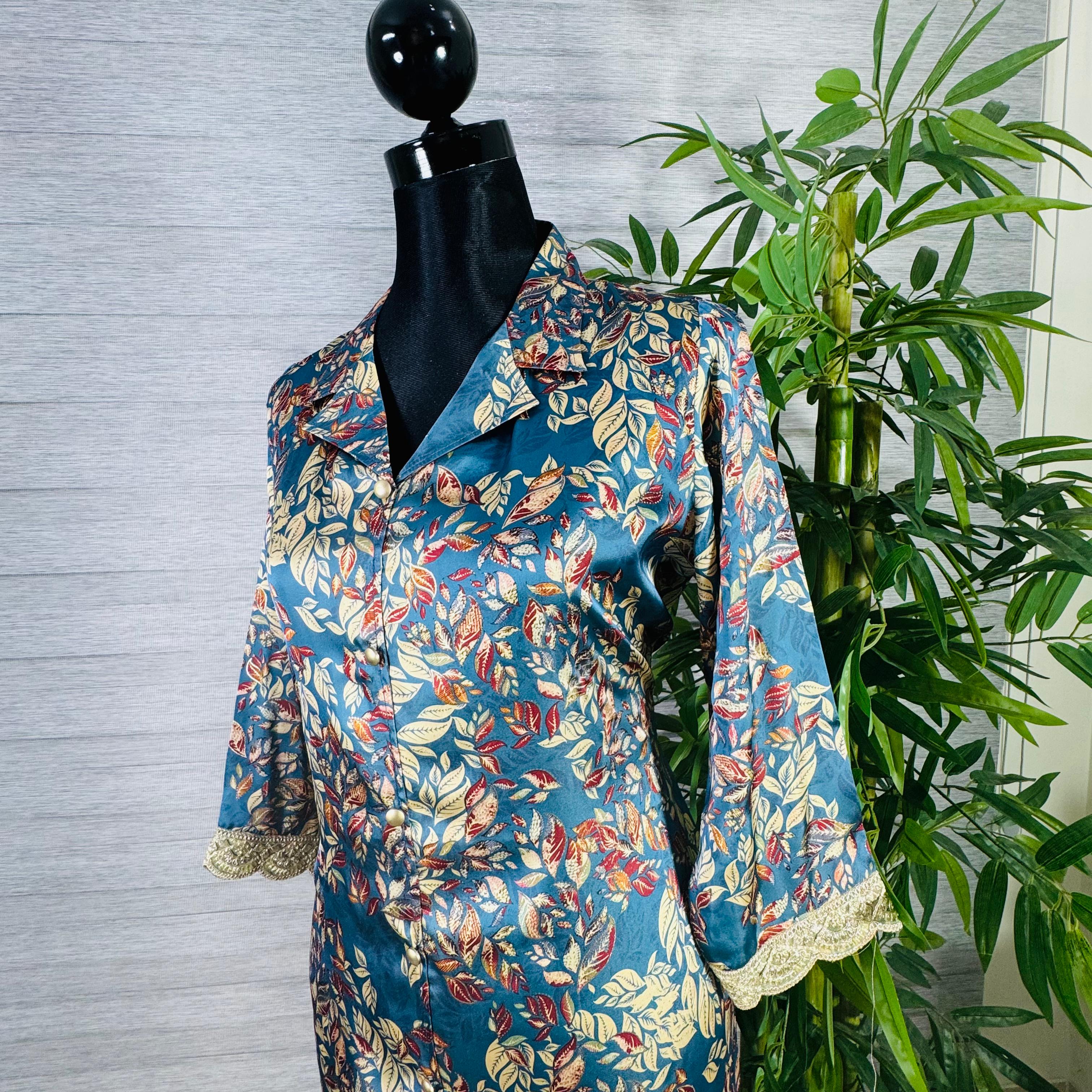 Teal Blue Floral Printed Silk Co-ord Set with Lace Detailing - Image 3