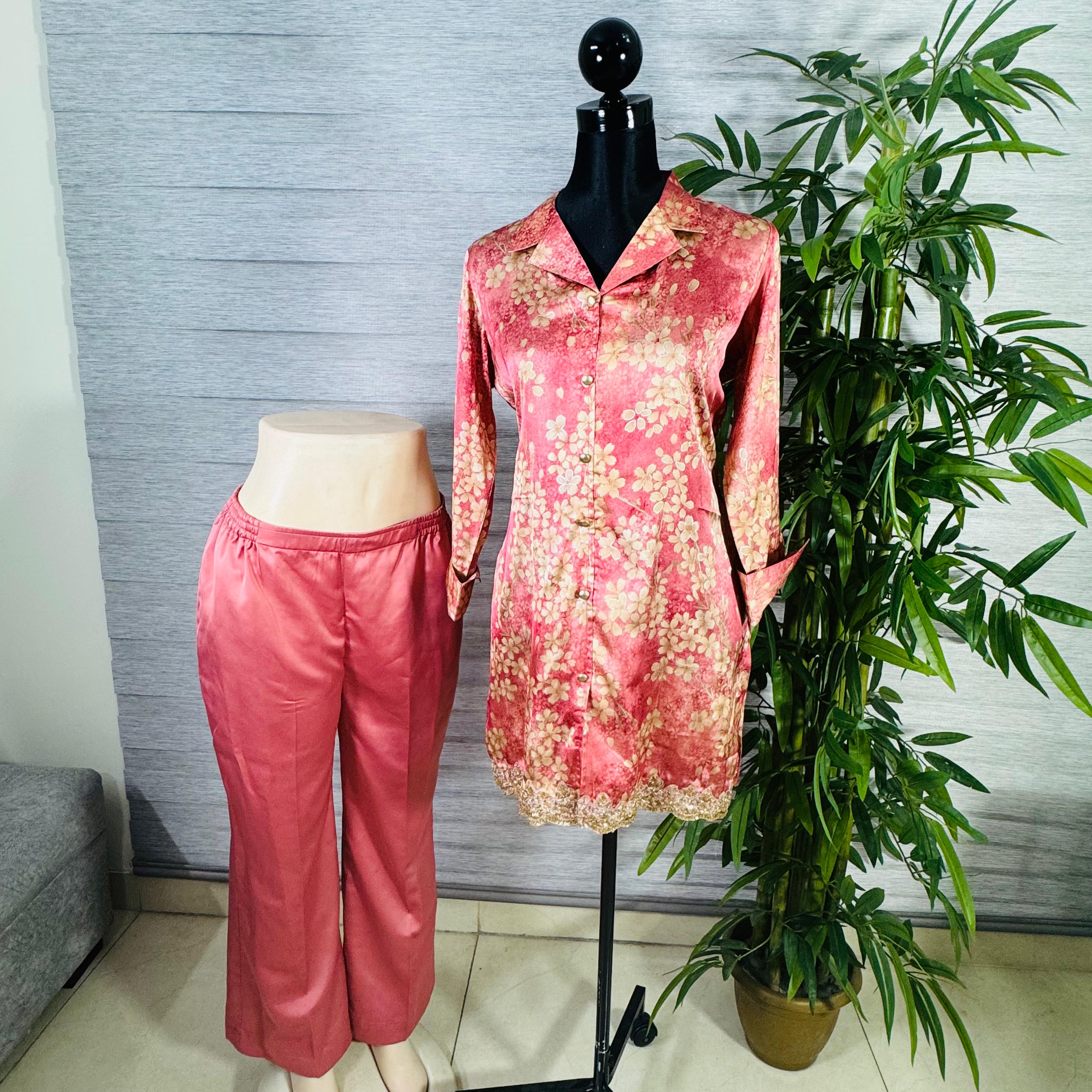 Blush Pink Floral Silk Co-ord Set with Lace Detailing - Image 4