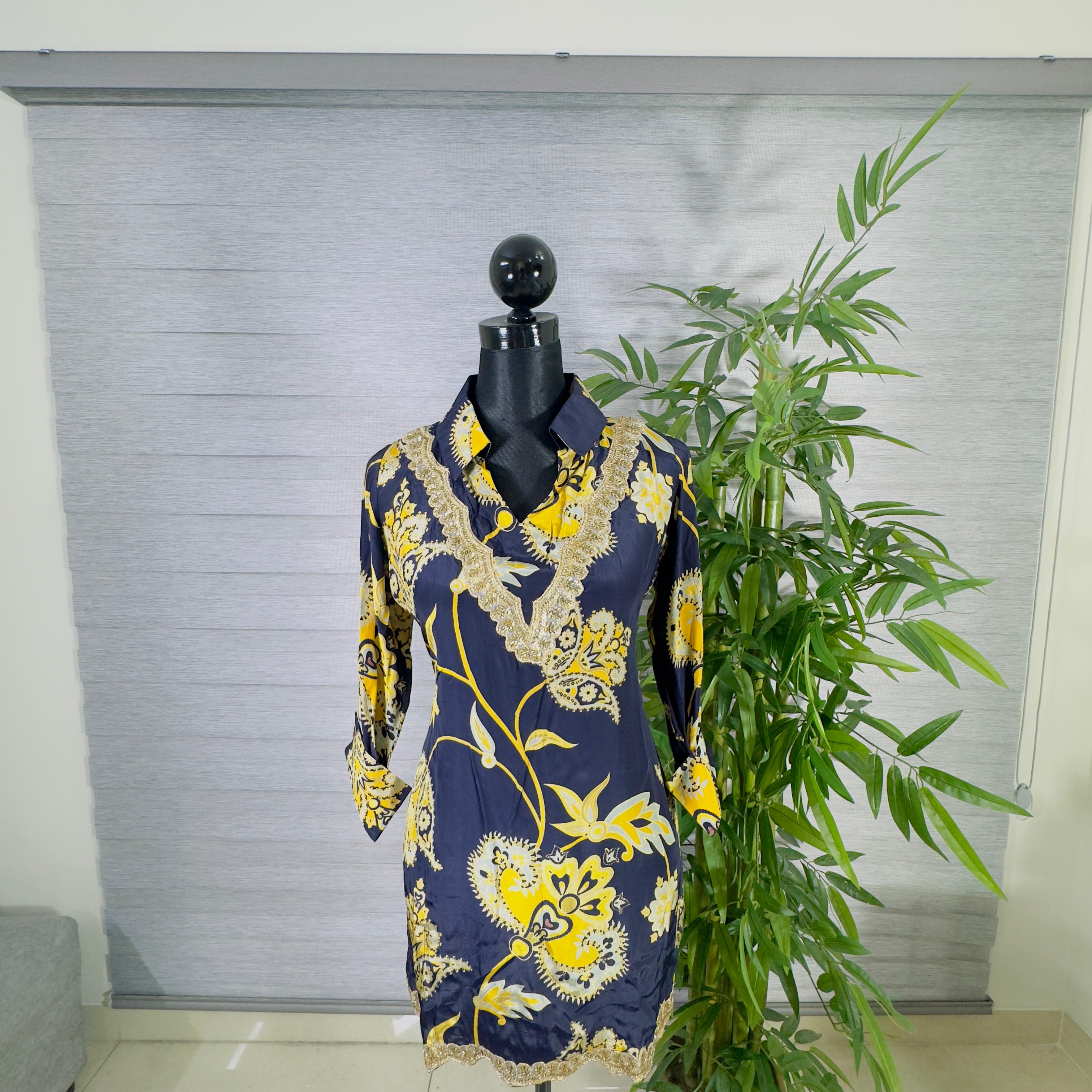 Elegant Floral Navy & Yellow Kurti with Navy Straight Pants Cord-Set - Image 1