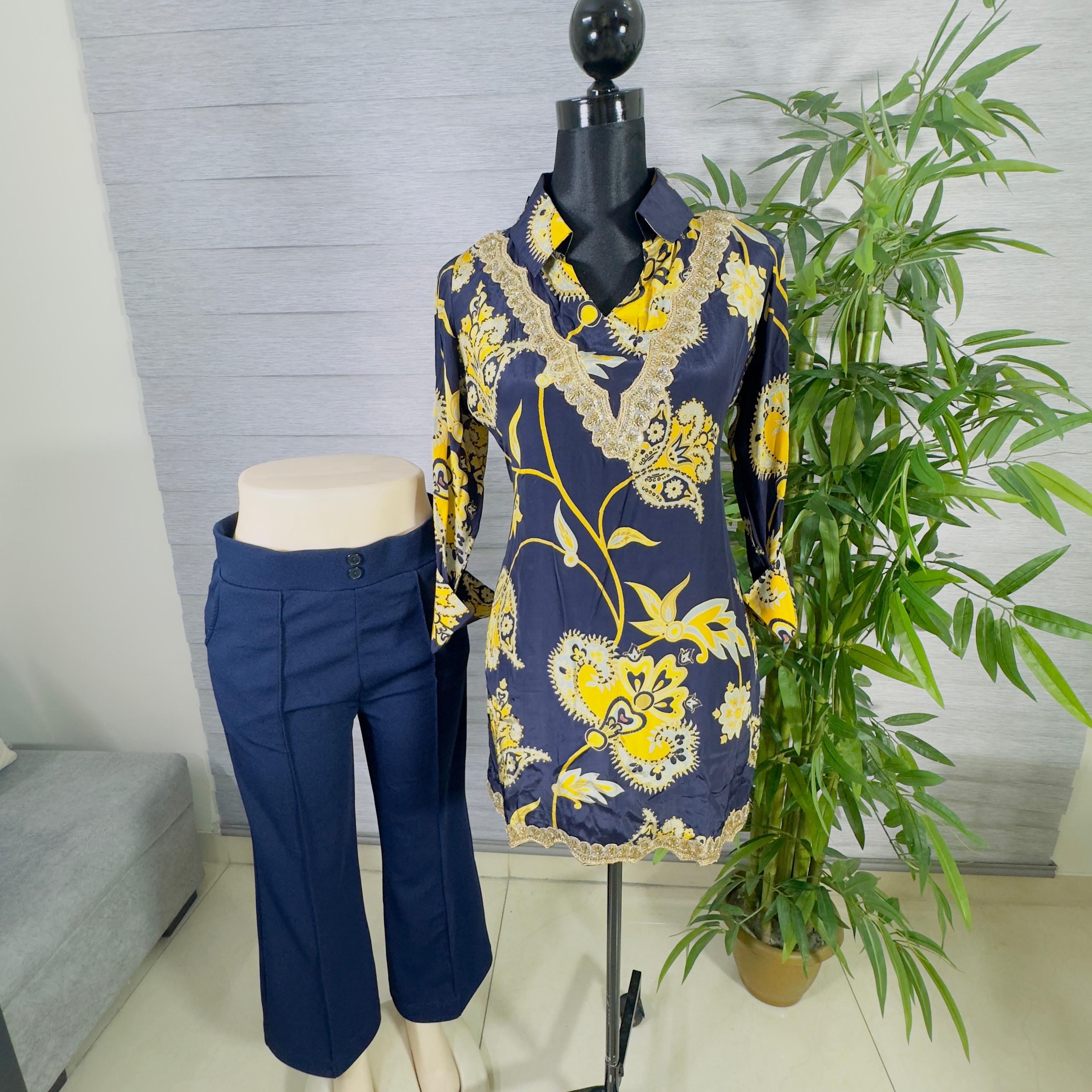 Elegant Floral Navy & Yellow Kurti with Navy Straight Pants Cord-Set - Image 2