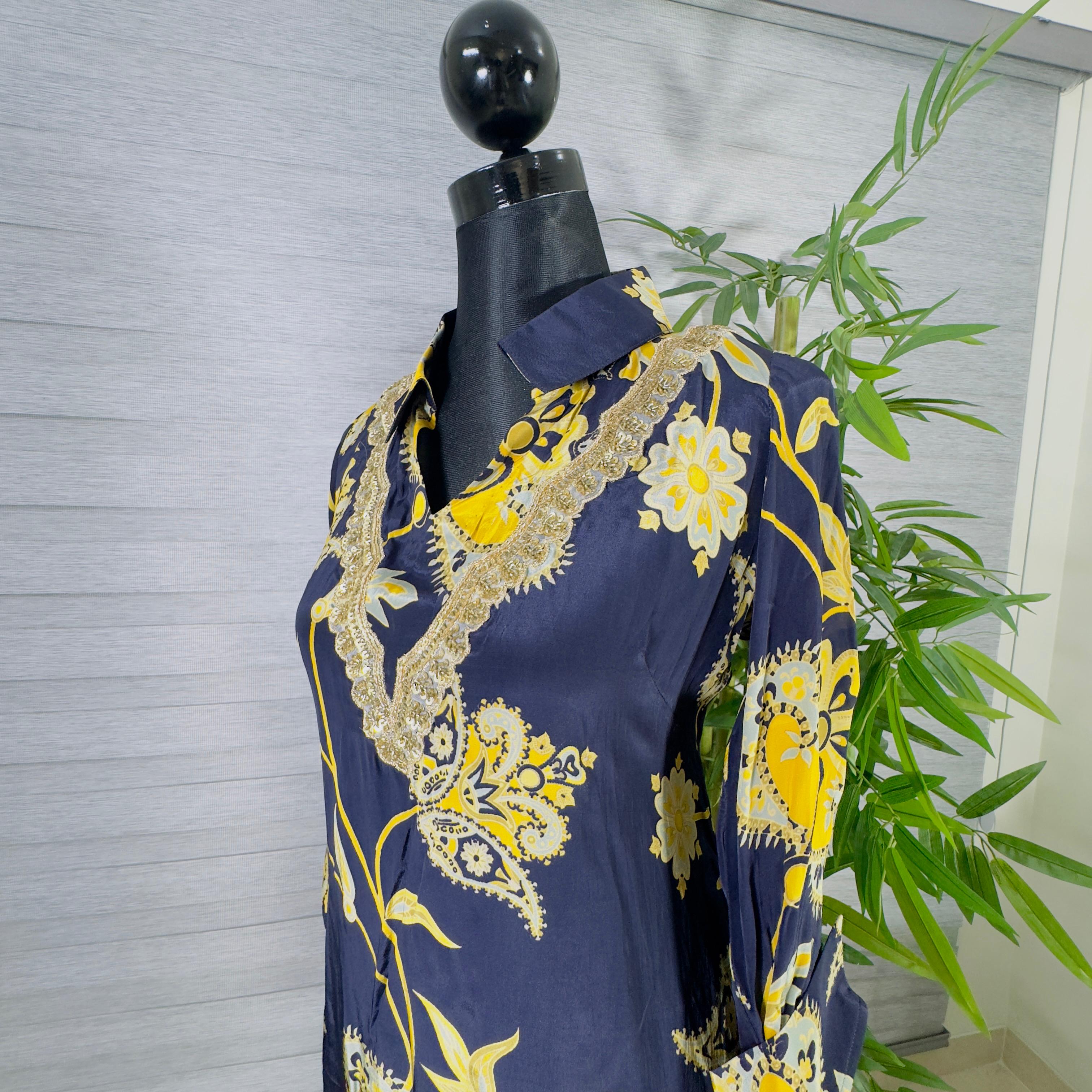Elegant Floral Navy & Yellow Kurti with Navy Straight Pants Cord-Set - Image 3