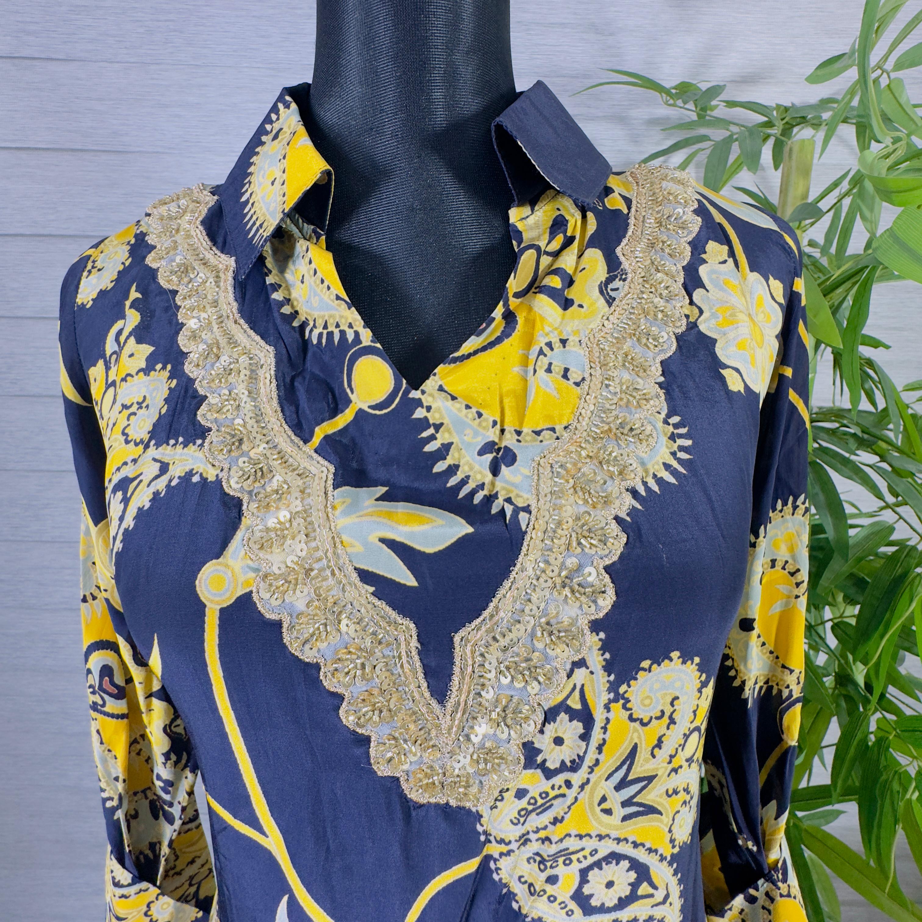 Elegant Floral Navy & Yellow Kurti with Navy Straight Pants Cord-Set - Image 4