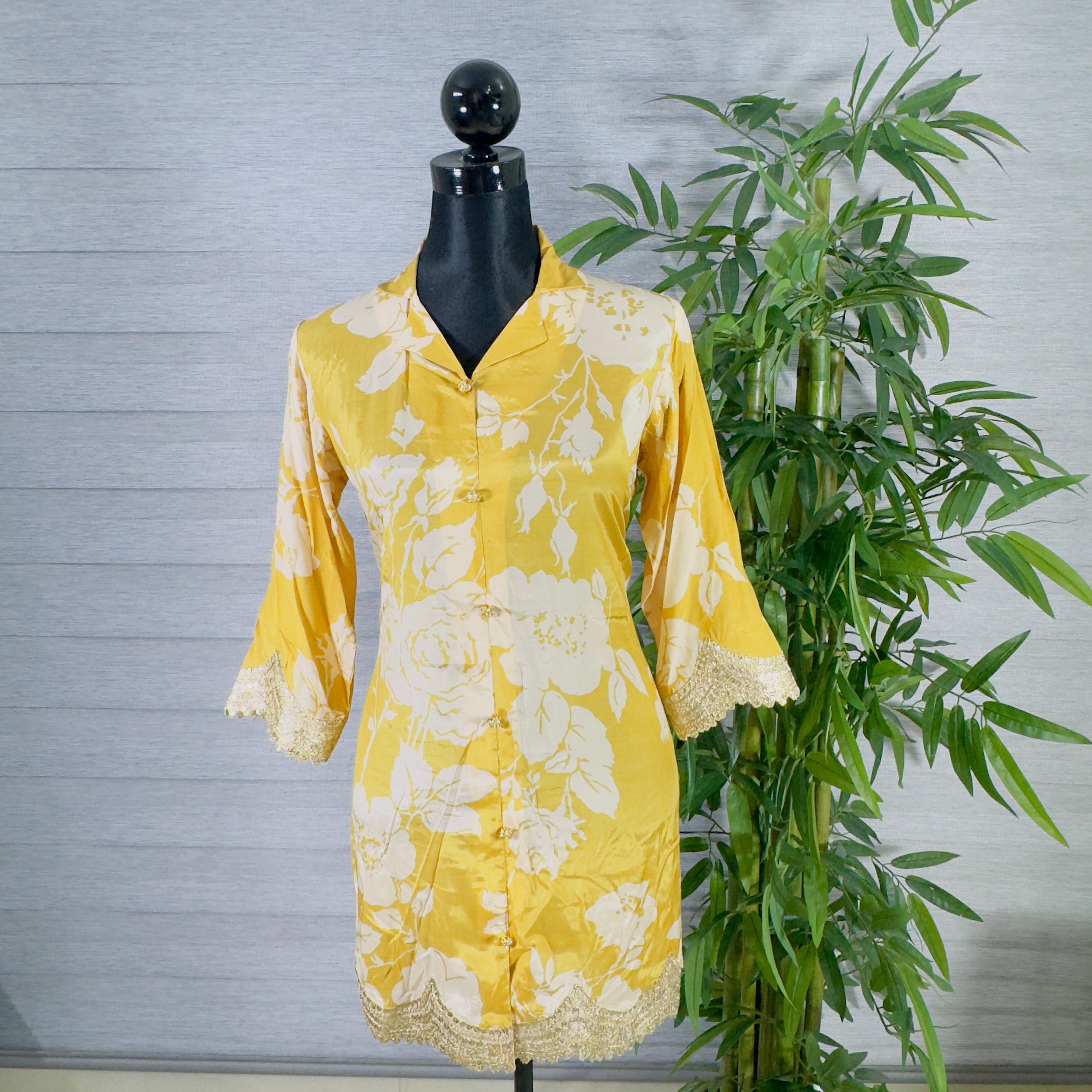 Sunshine Yellow Floral Kurti & Pant Co-Ord Set with Lace Detailing - Image 1