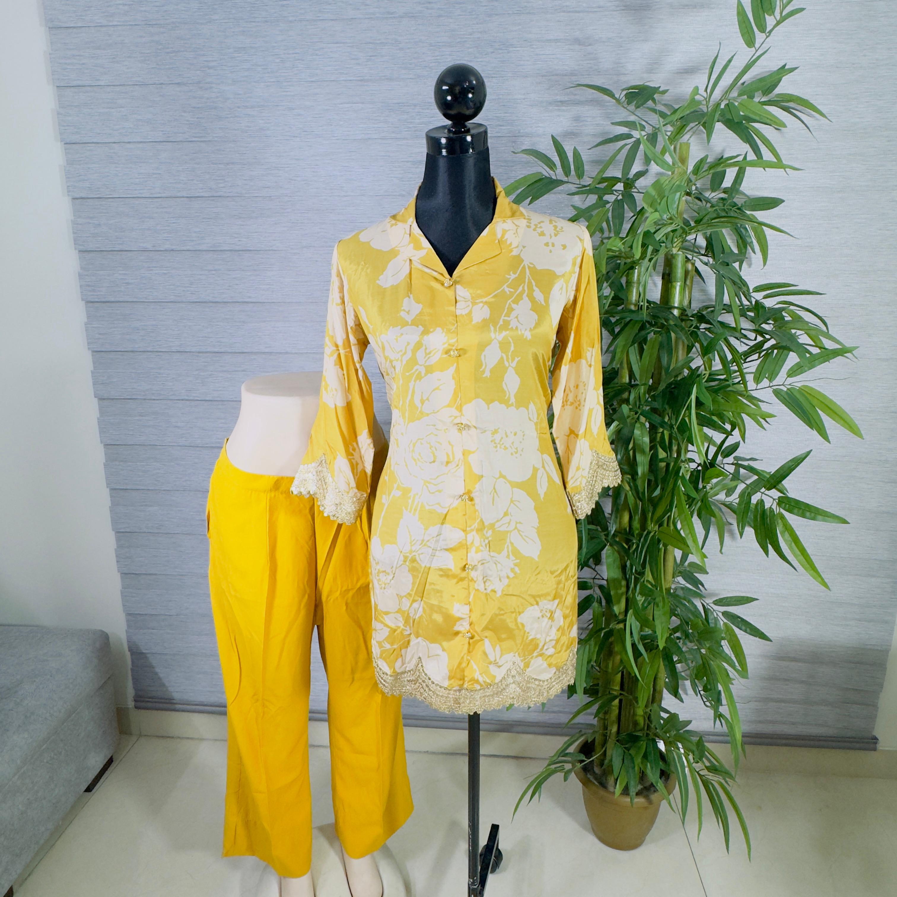 Sunshine Yellow Floral Kurti & Pant Co-Ord Set with Lace Detailing - Image 2