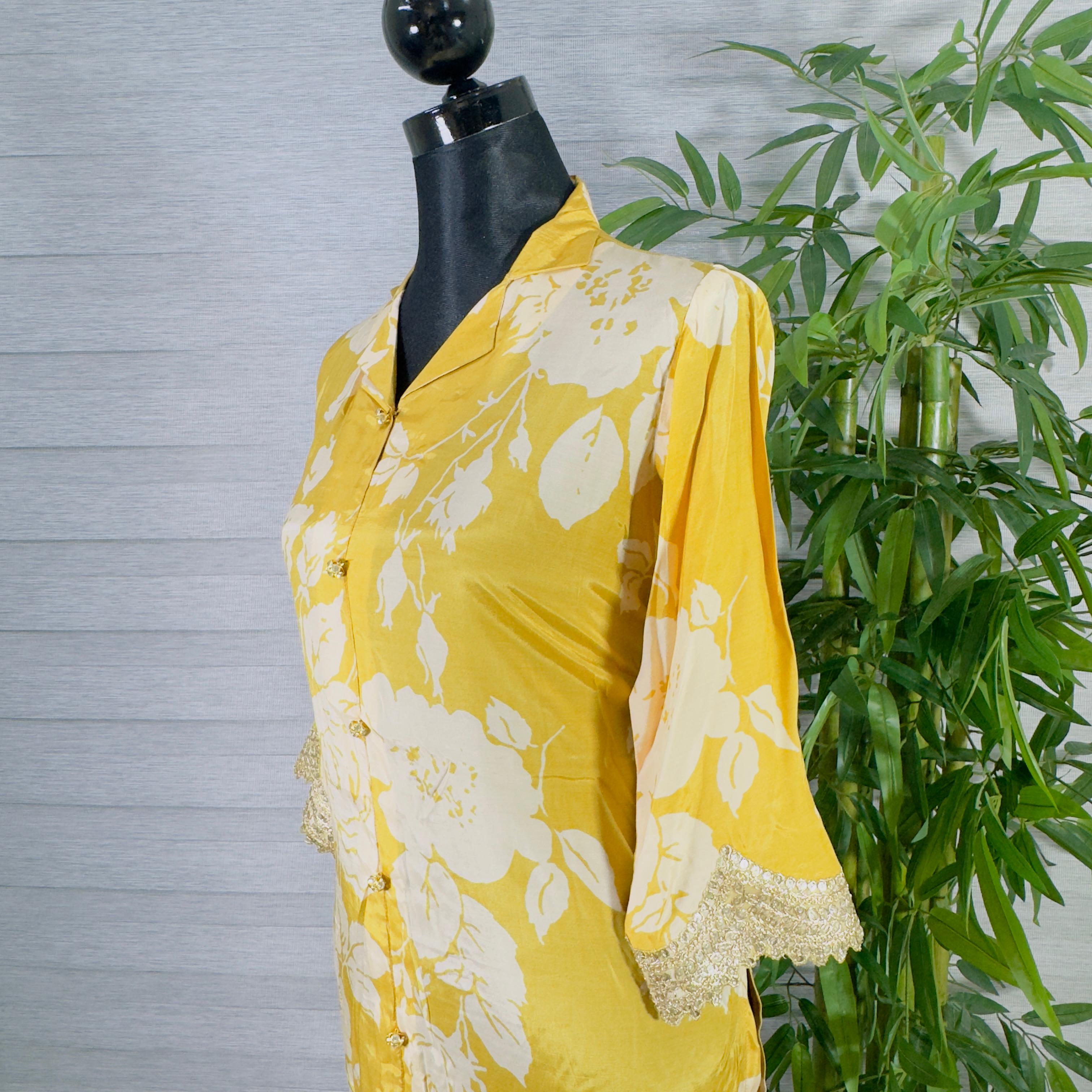 Sunshine Yellow Floral Kurti & Pant Co-Ord Set with Lace Detailing - Image 3