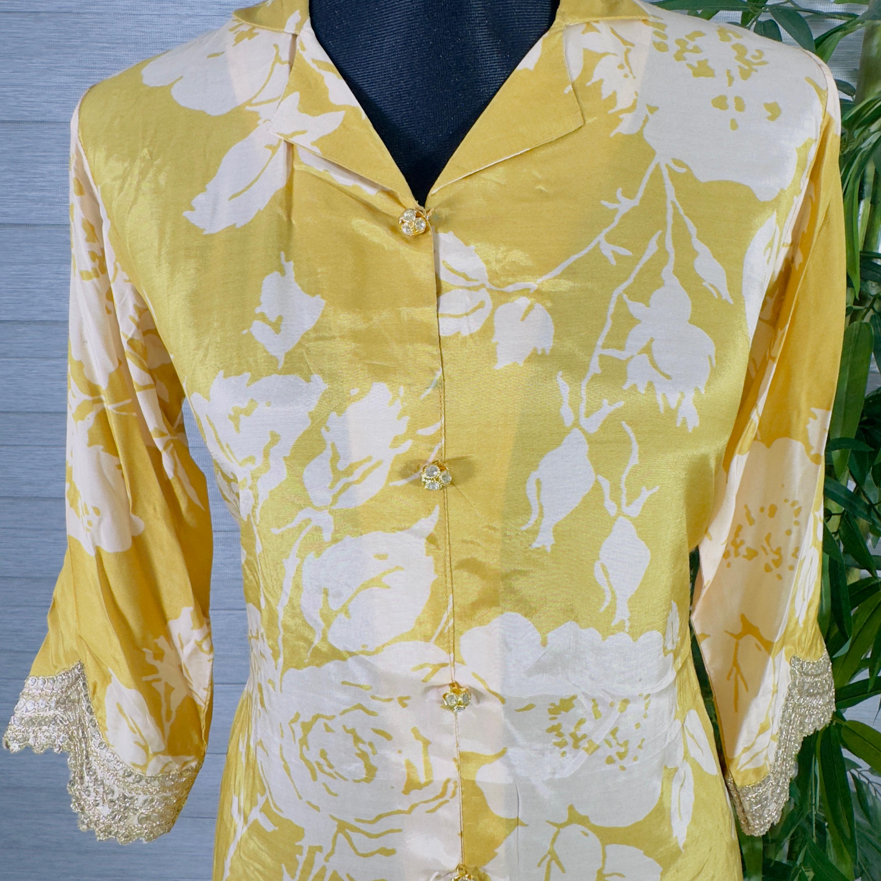 Sunshine Yellow Floral Kurti & Pant Co-Ord Set with Lace Detailing - Image 4