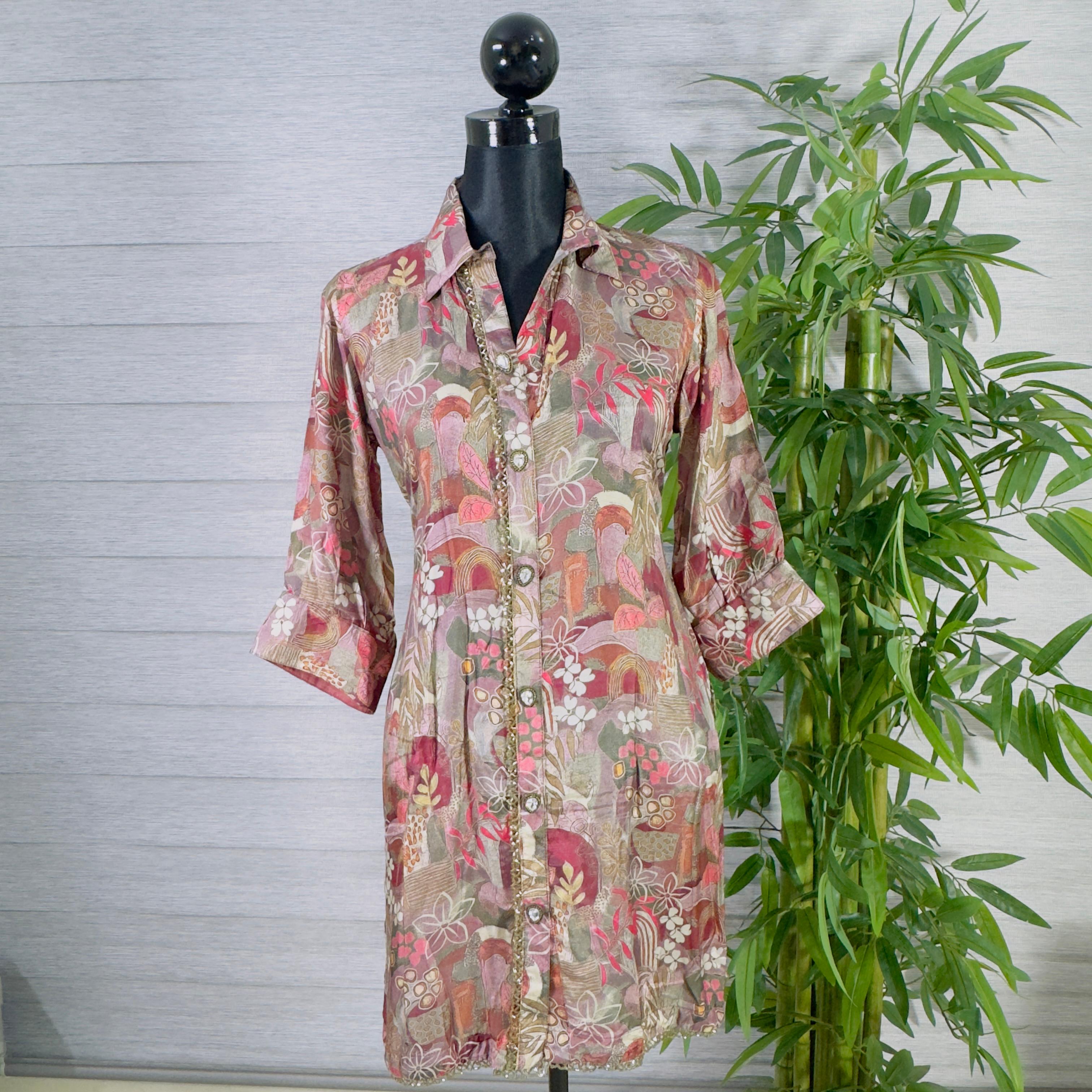 Floral Printed Long Kurti with Beige Straight Pants - Image 1
