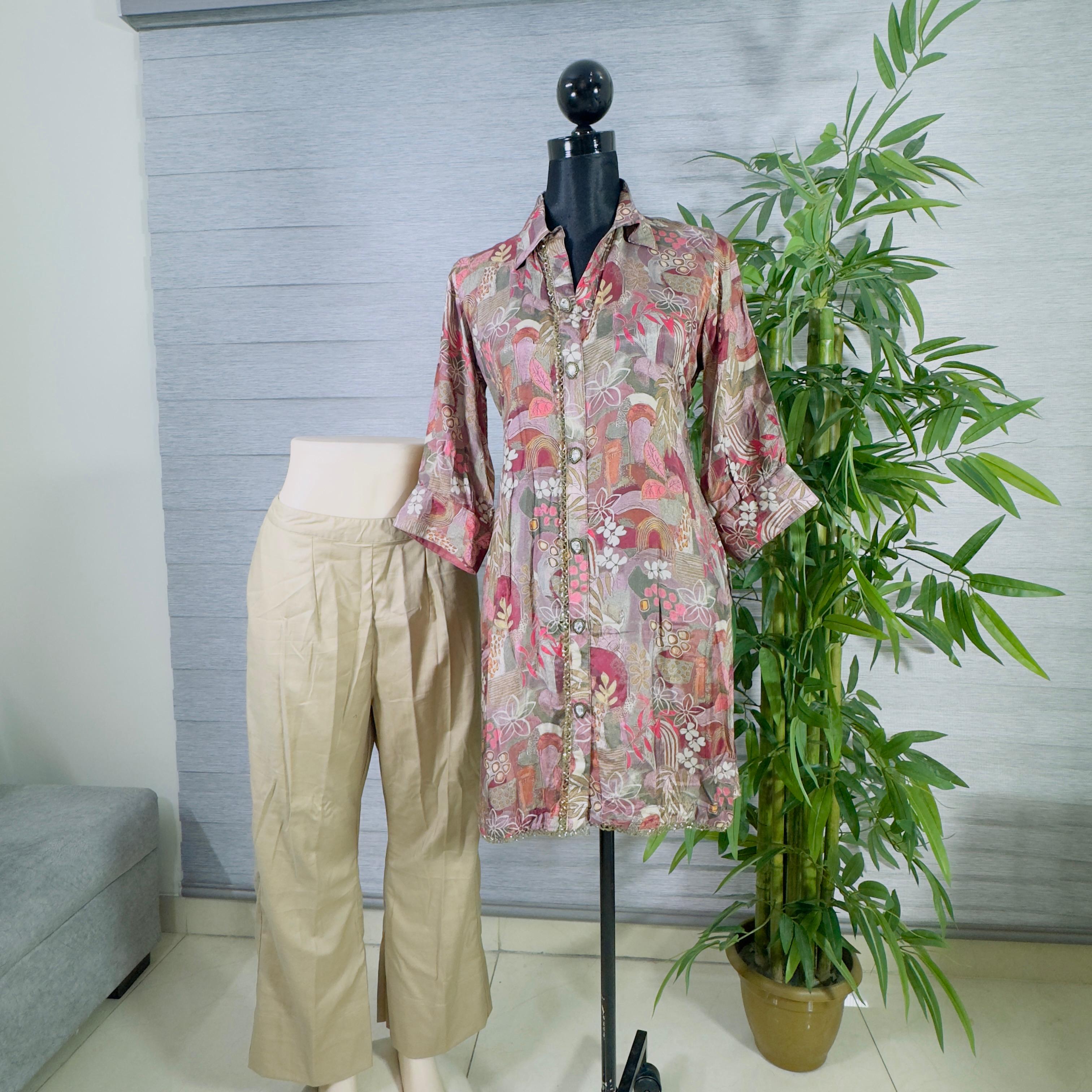 Floral Printed Long Kurti with Beige Straight Pants - Image 2