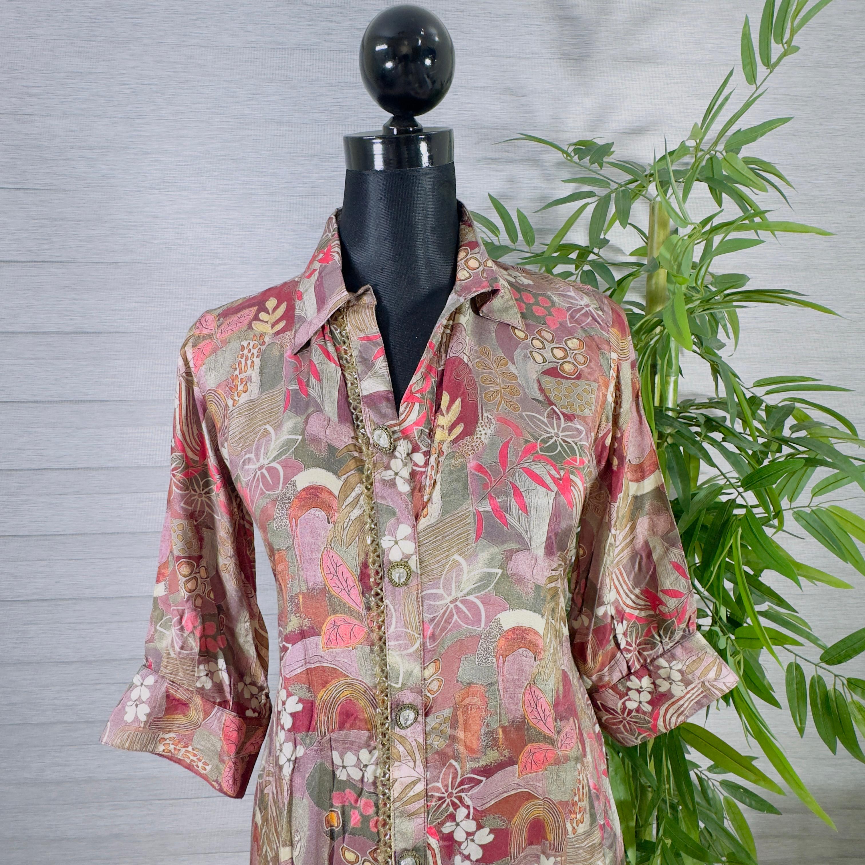 Floral Printed Long Kurti with Beige Straight Pants - Image 4