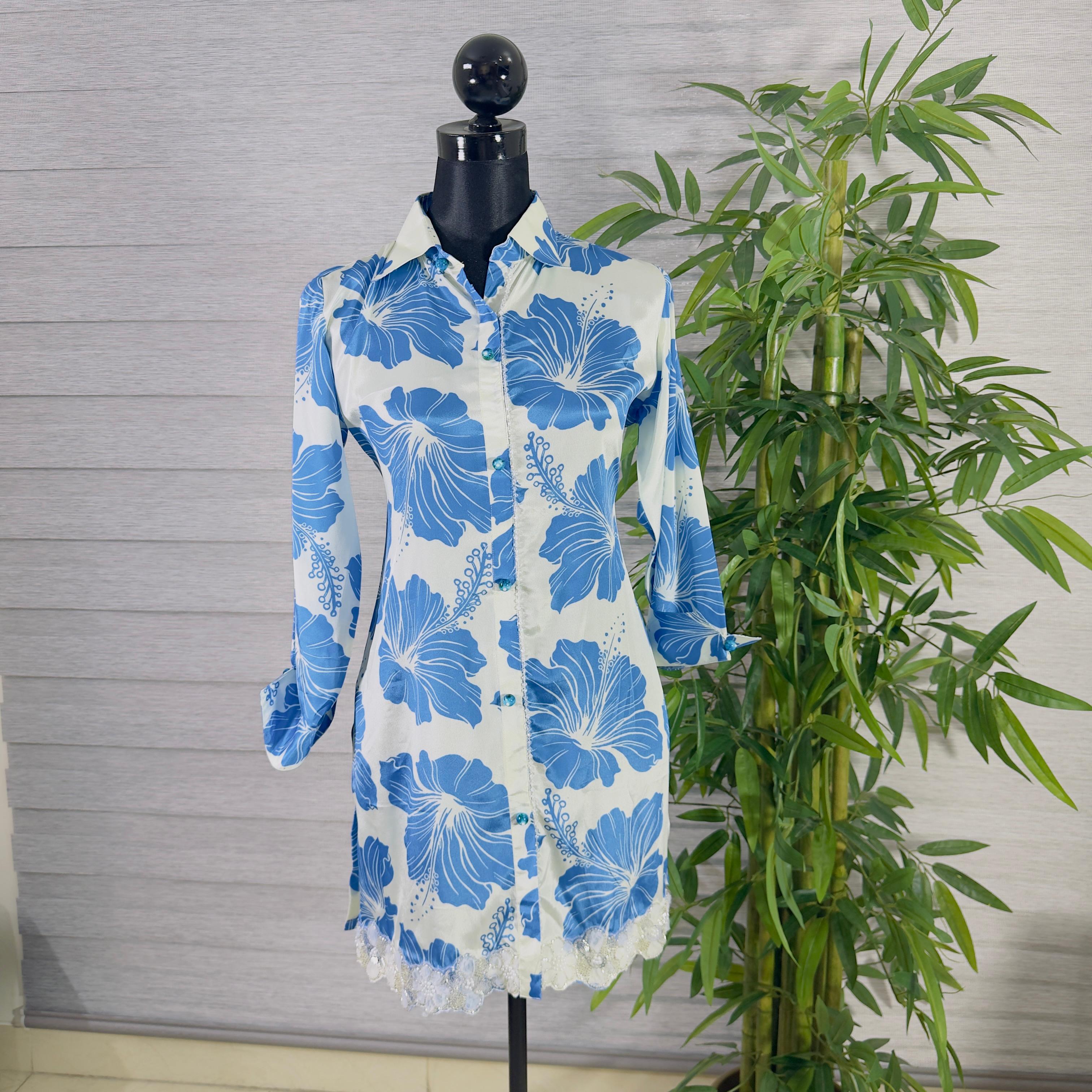 Blue Floral Printed Kurti with Navy Straight Pants - Image 1