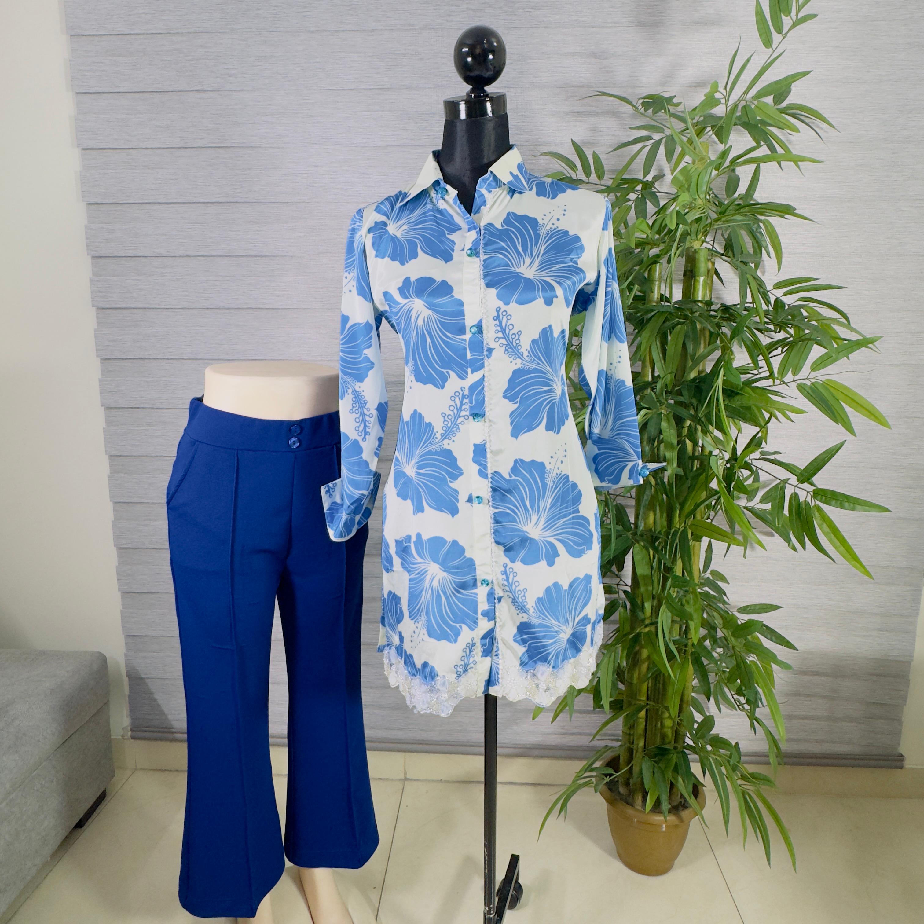 Blue Floral Printed Kurti with Navy Straight Pants - Image 2