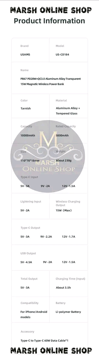 💥USAMS CD184 10000mAh PD 20W Aluminum Magnet WirPower Bankeless_img_10