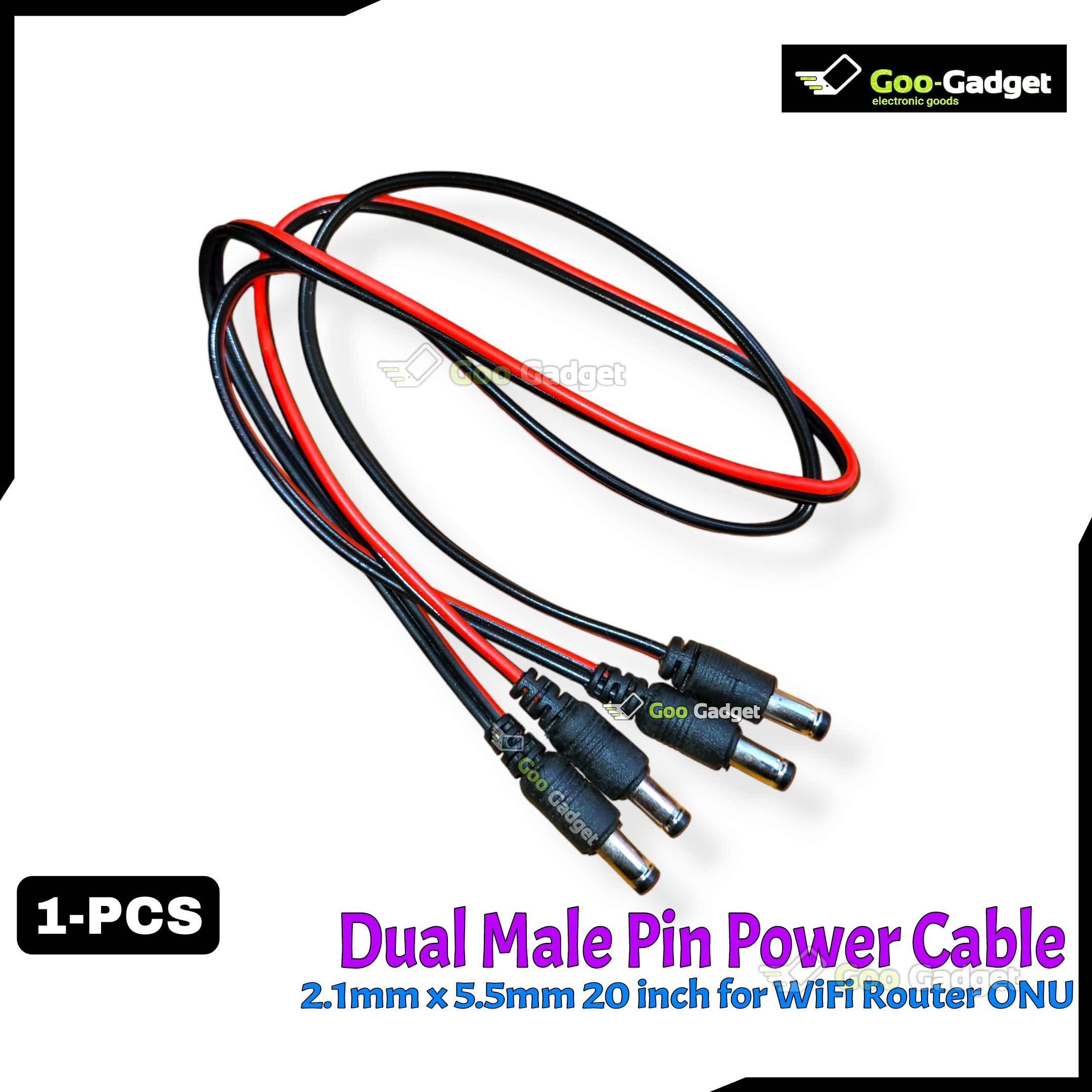 Dual Male Pin Power Cable 2.1mm x 5.5mm for WiFi Router ONU â 20 Inch, Red/Black