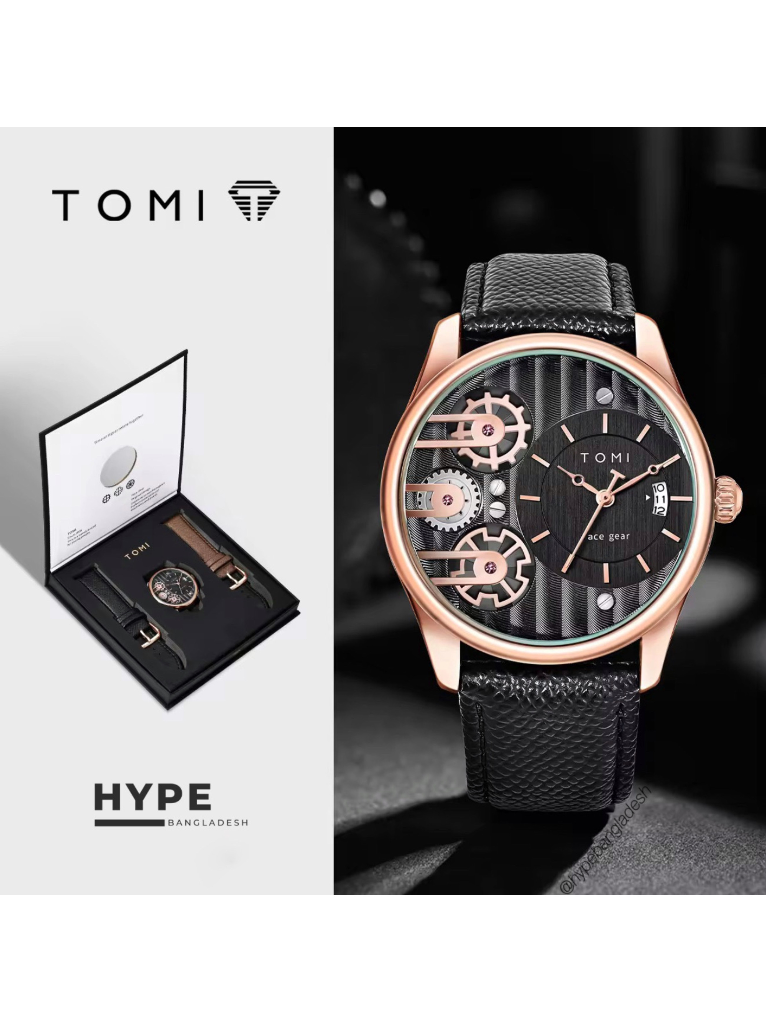 TOMI T-106 Face Gear Dual Strap Leather Belt Watch (Black-Rosegold)