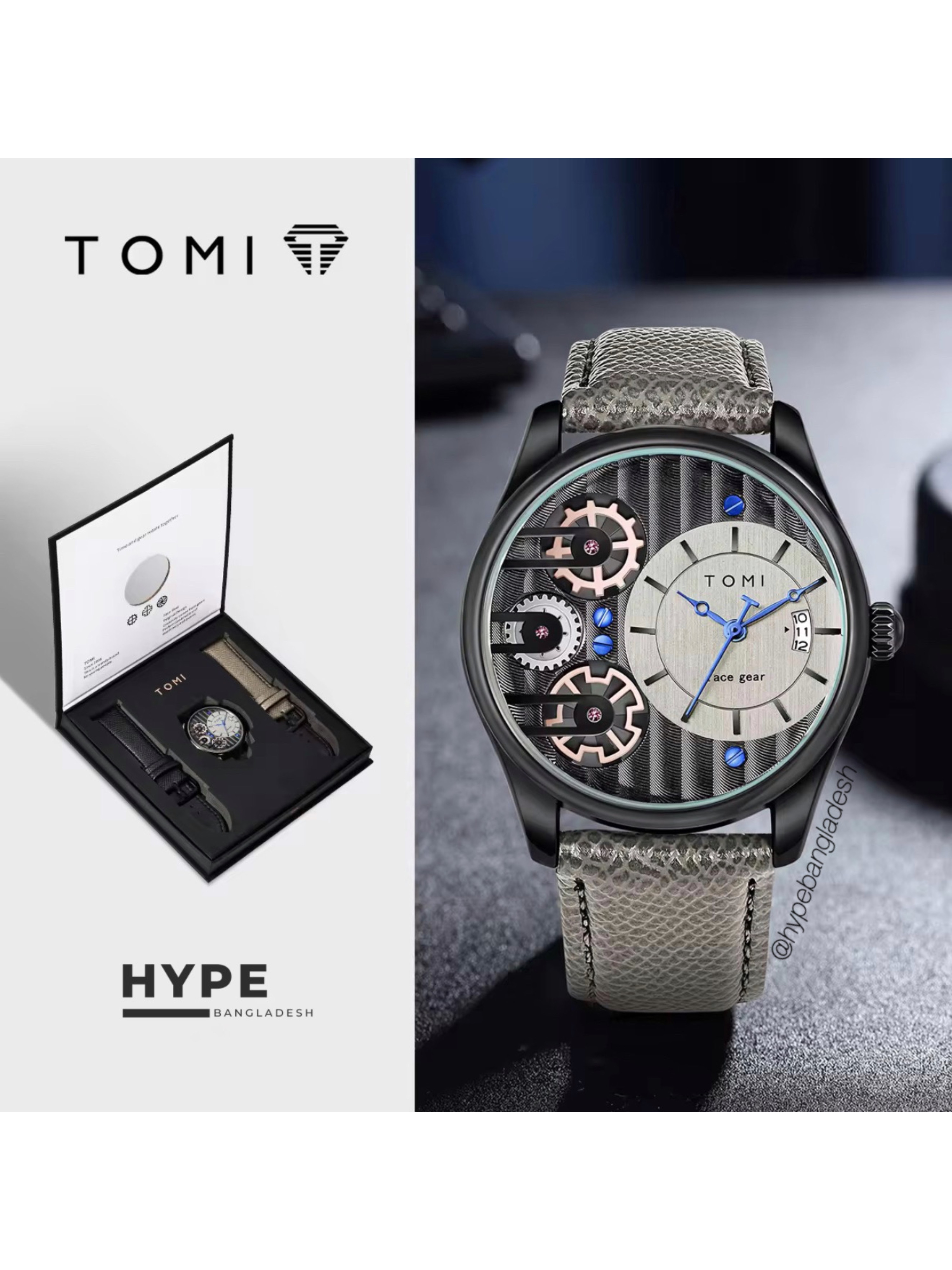 TOMI T-106 Face Gear Dual Strap Leather Belt Watch (Ash)