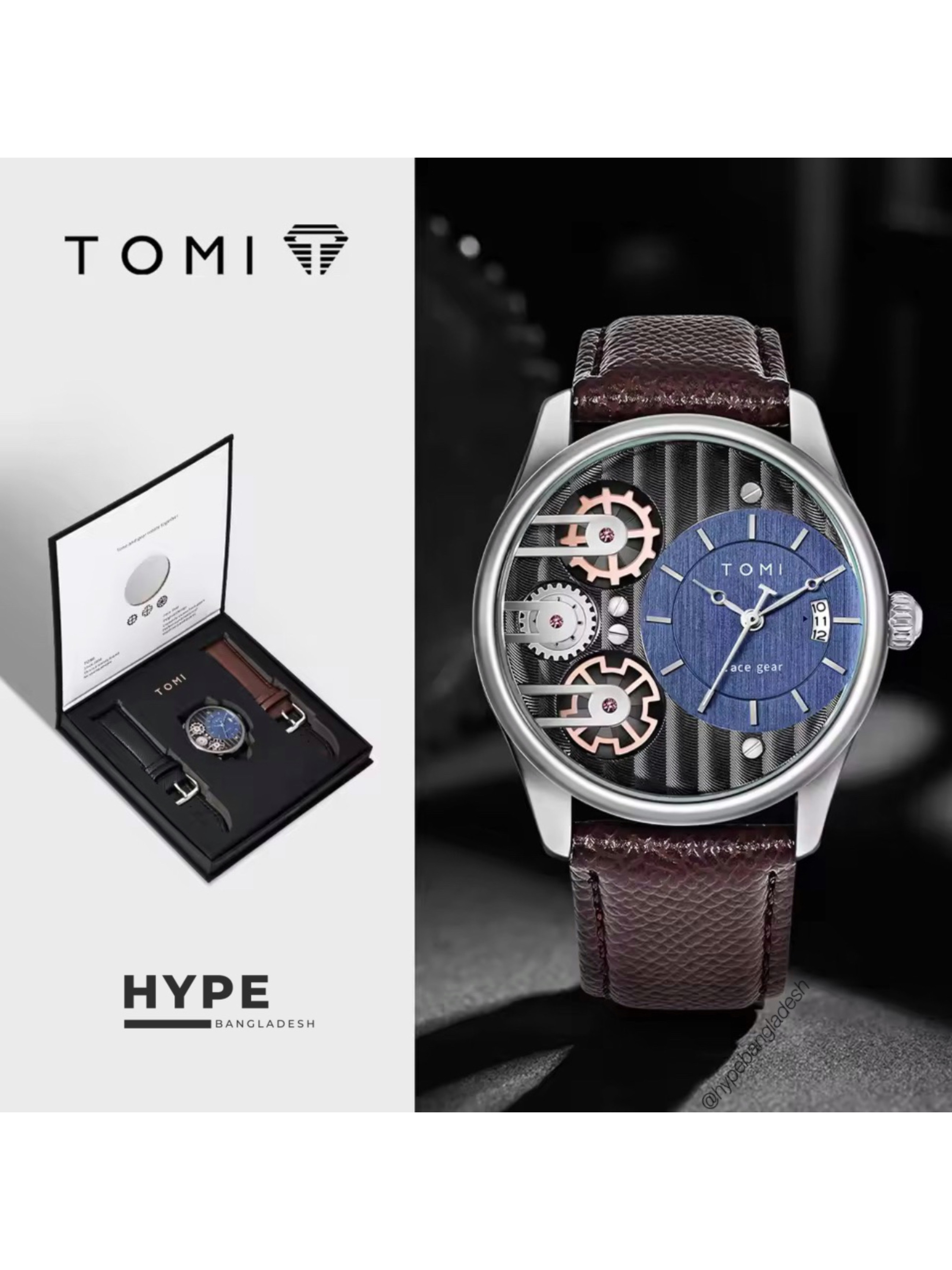 TOMI T-106 Face Gear Dual Strap Leather Belt Watch (Brown-Silver)