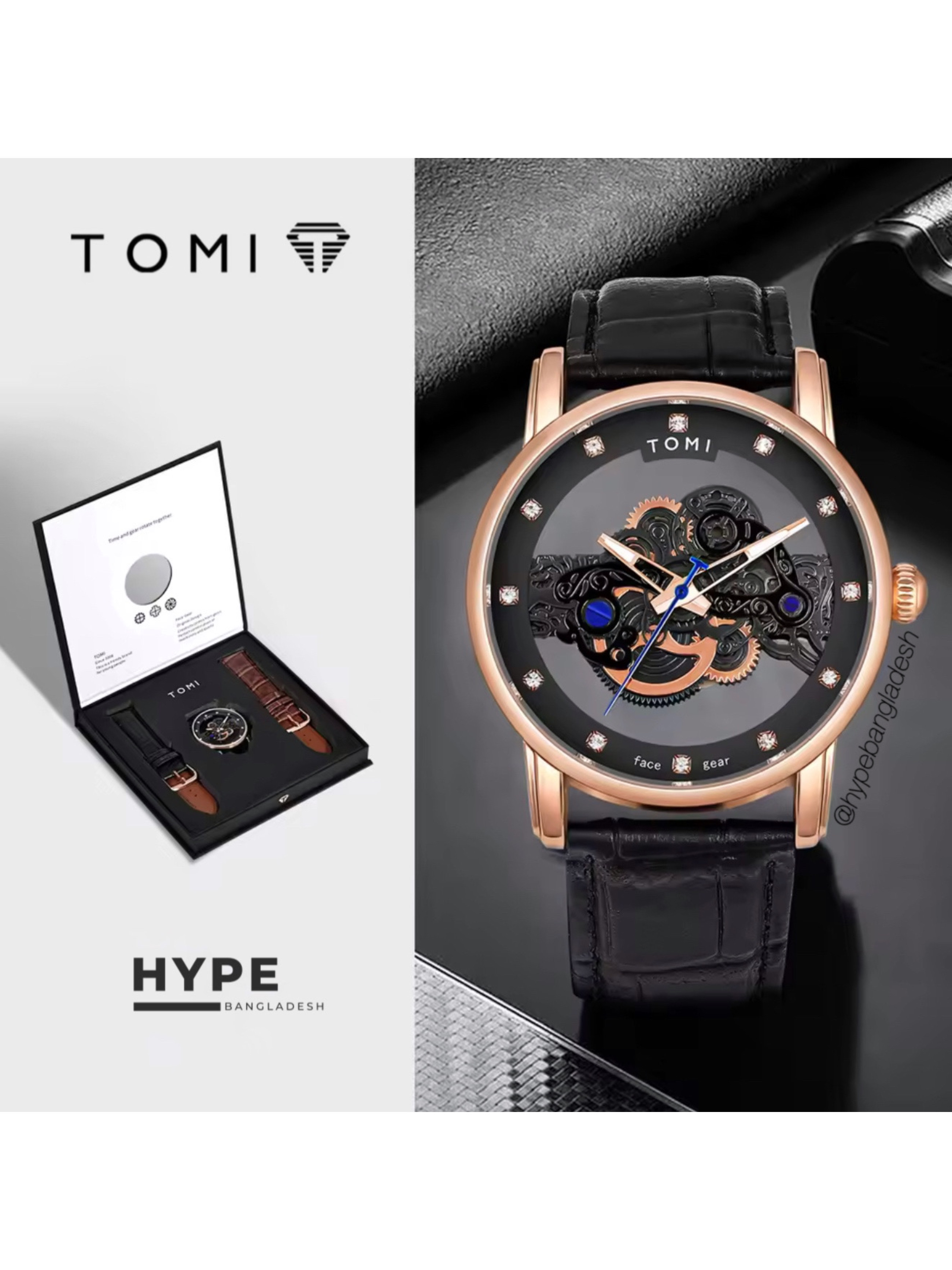 TOMI T-102 Face Gear Transperent Dual Strap Leather Belt Watch (Black-Rosegold)