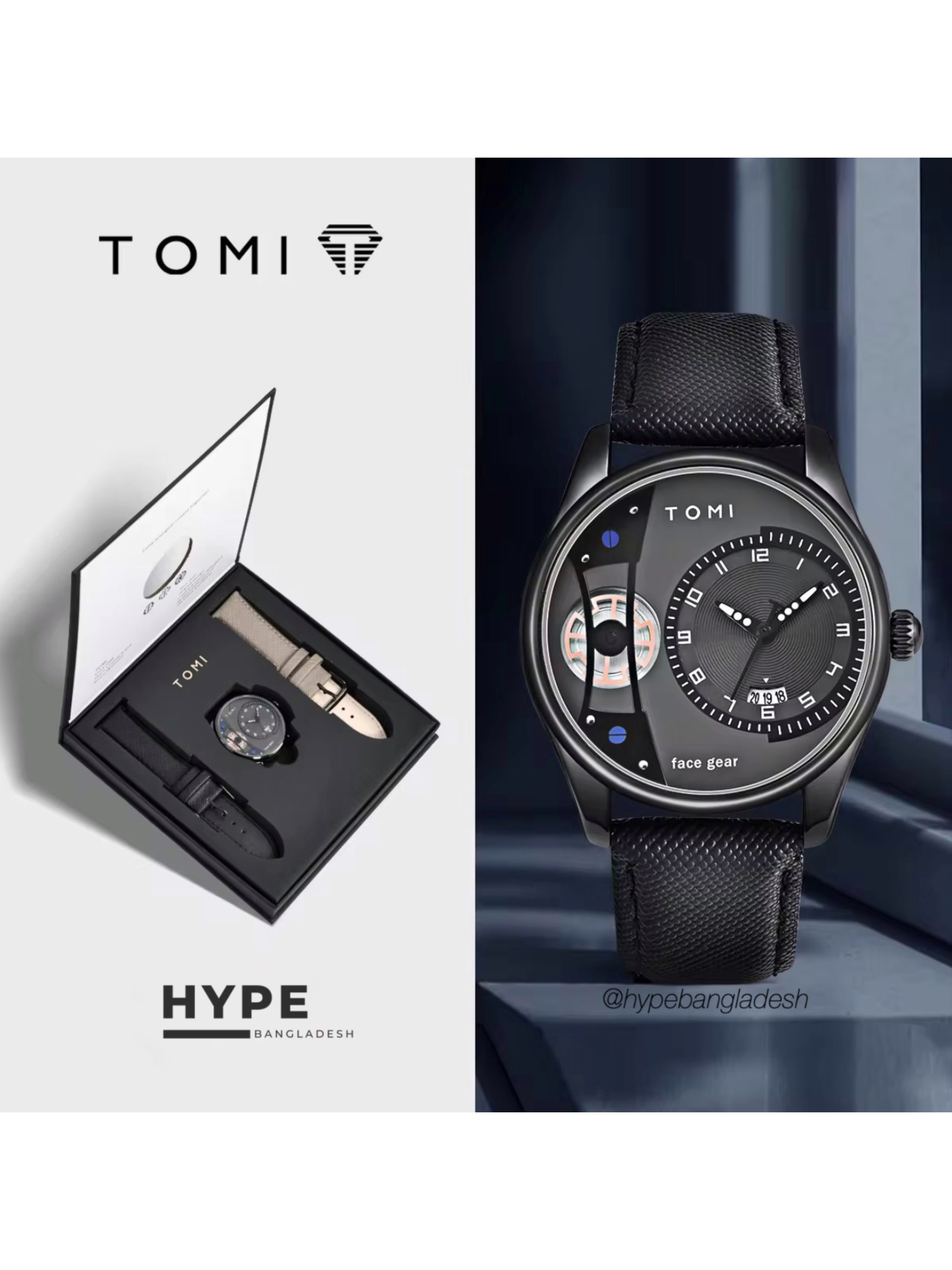 TOMI T-105 Face Gear Dual Strap Leather Belt Watch (Black)