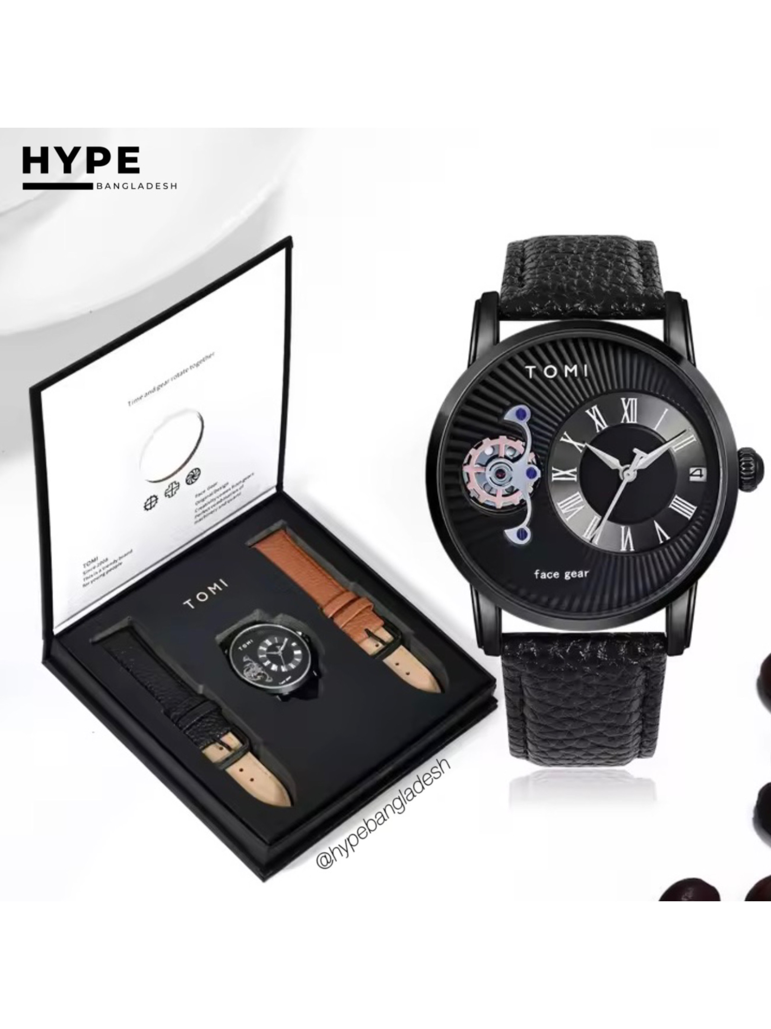 TOMI T-104 Face Gear Dual Strap Leather Belt Watch (Black)