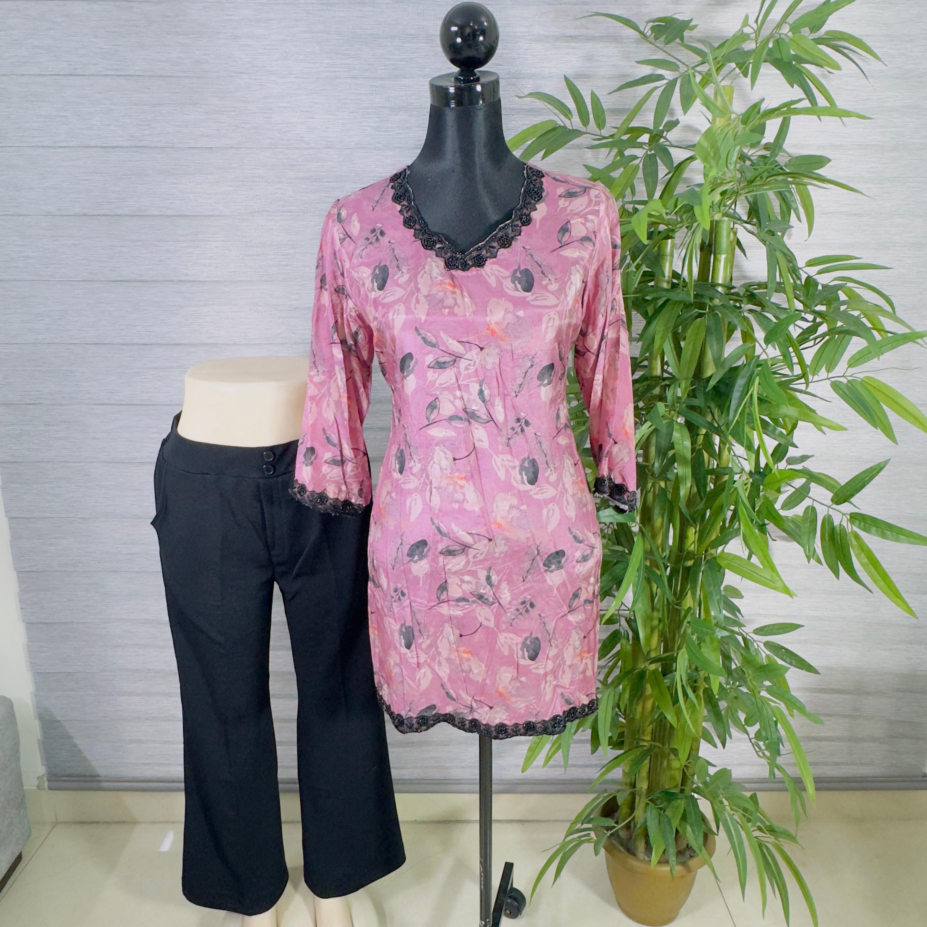 Women's Floral Print Longline Tunic with Black Pants - Image 2