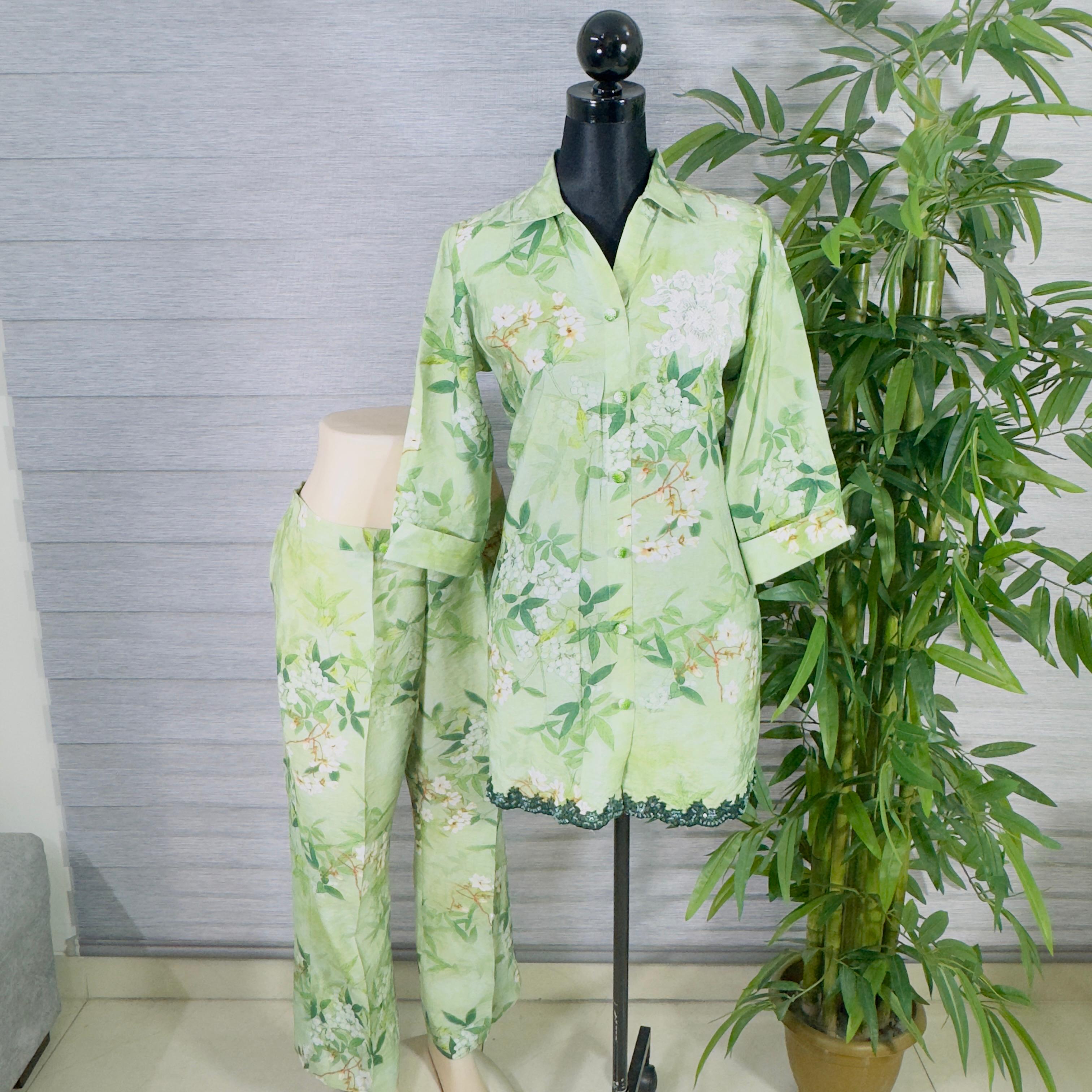 Mint Green Floral Printed 2-Piece Cord Set - Image 2