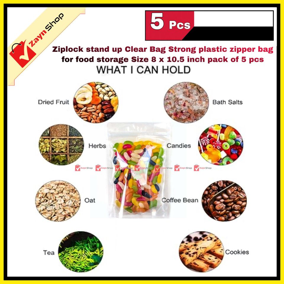Ziplock stand up Clear Bag Strong plastic zipper bag for food storage Size 8 x 10.5 inch 5 pcs_img_2
