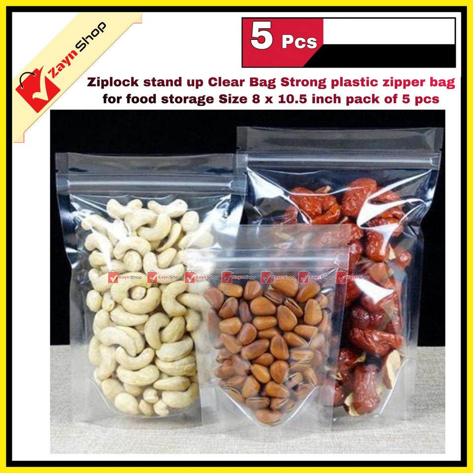 Ziplock stand up Clear Bag Strong plastic zipper bag for food storage Size 8 x 10.5 inch 5 pcs_img_3
