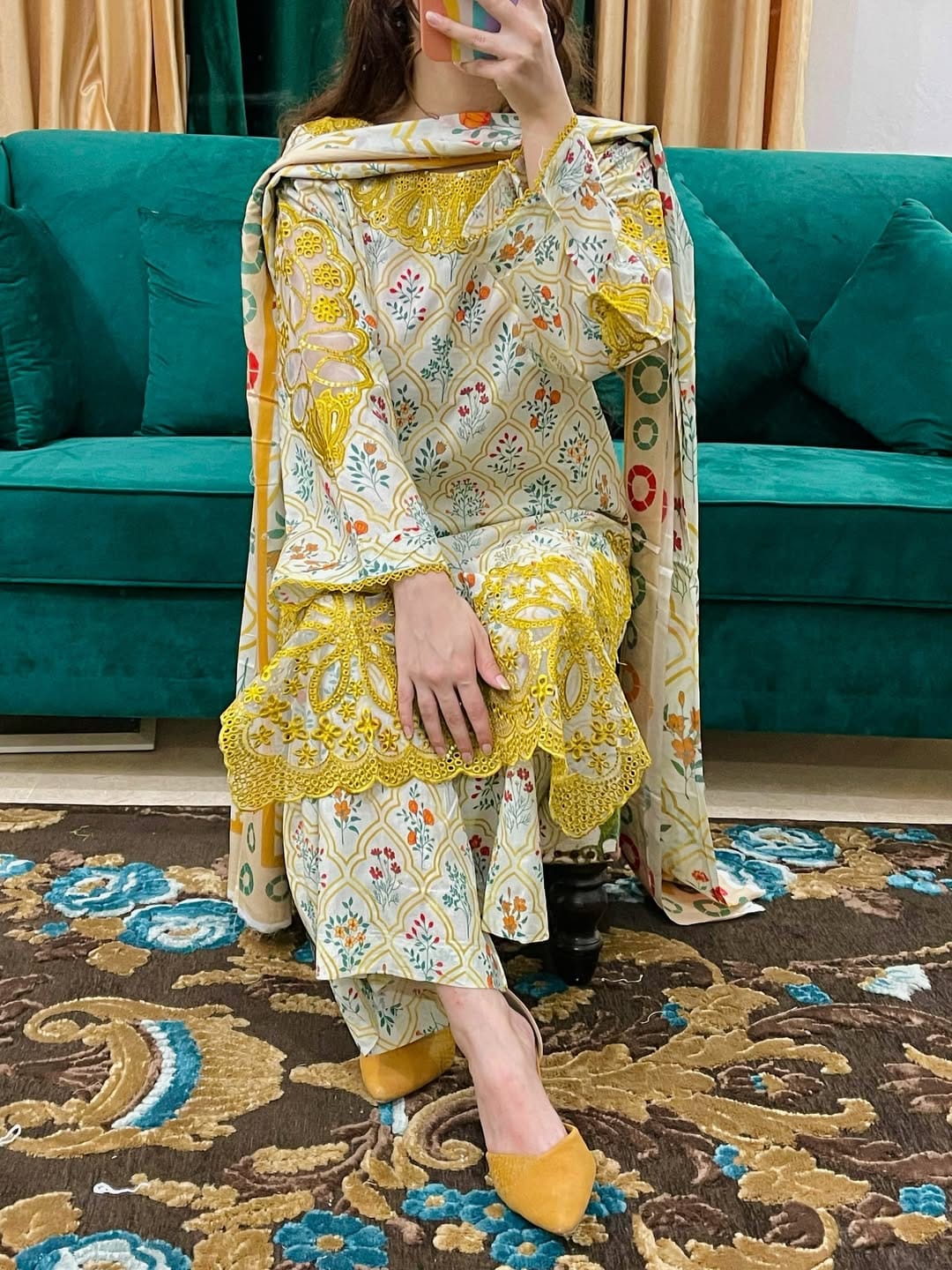 Elegant Printed & Embroidered Cotton Dress Set