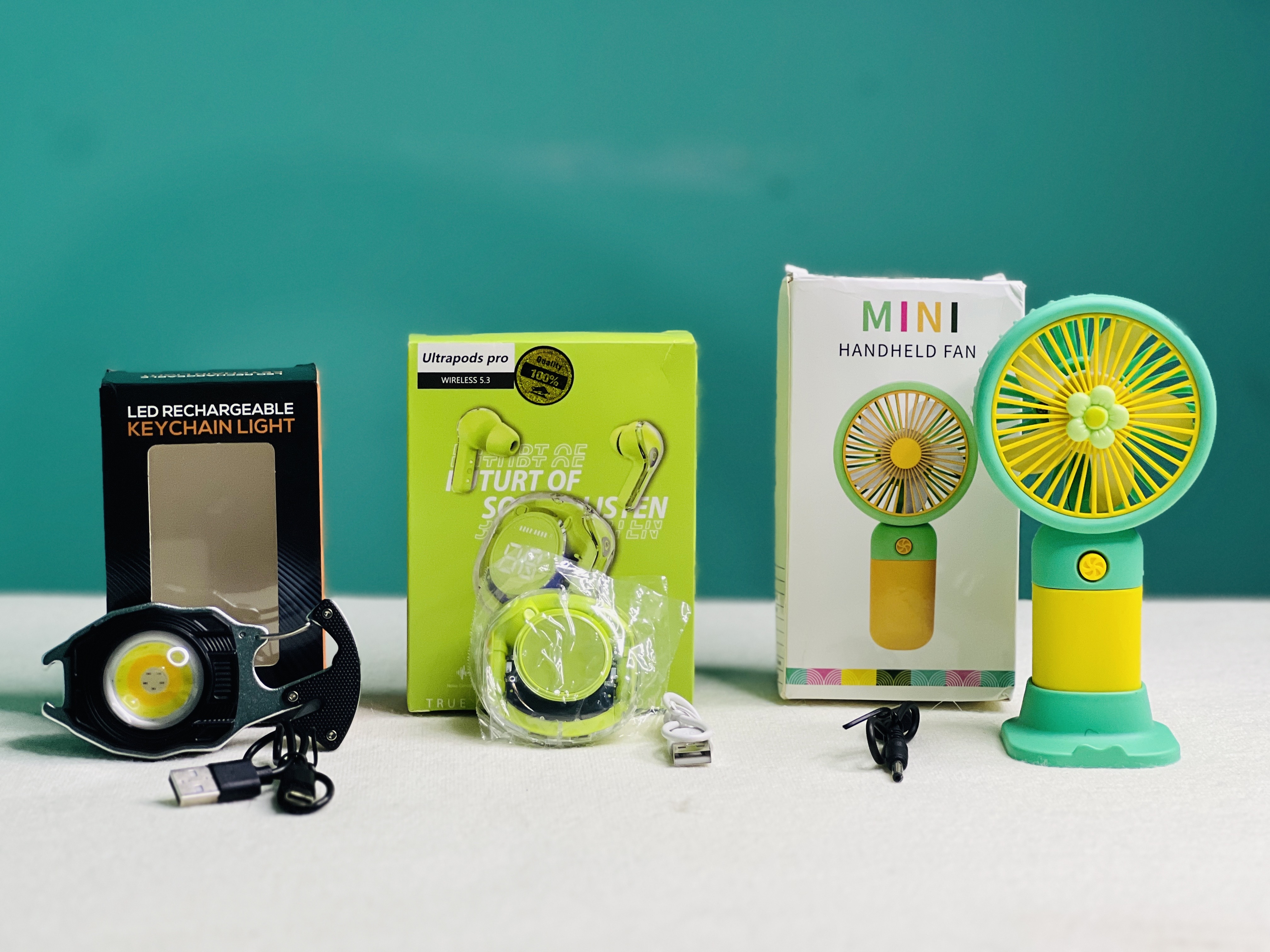 Multifunctional Rechargeable Keychain Light + Ultra Pods Pro TWS + Mini Portable Fan Combo