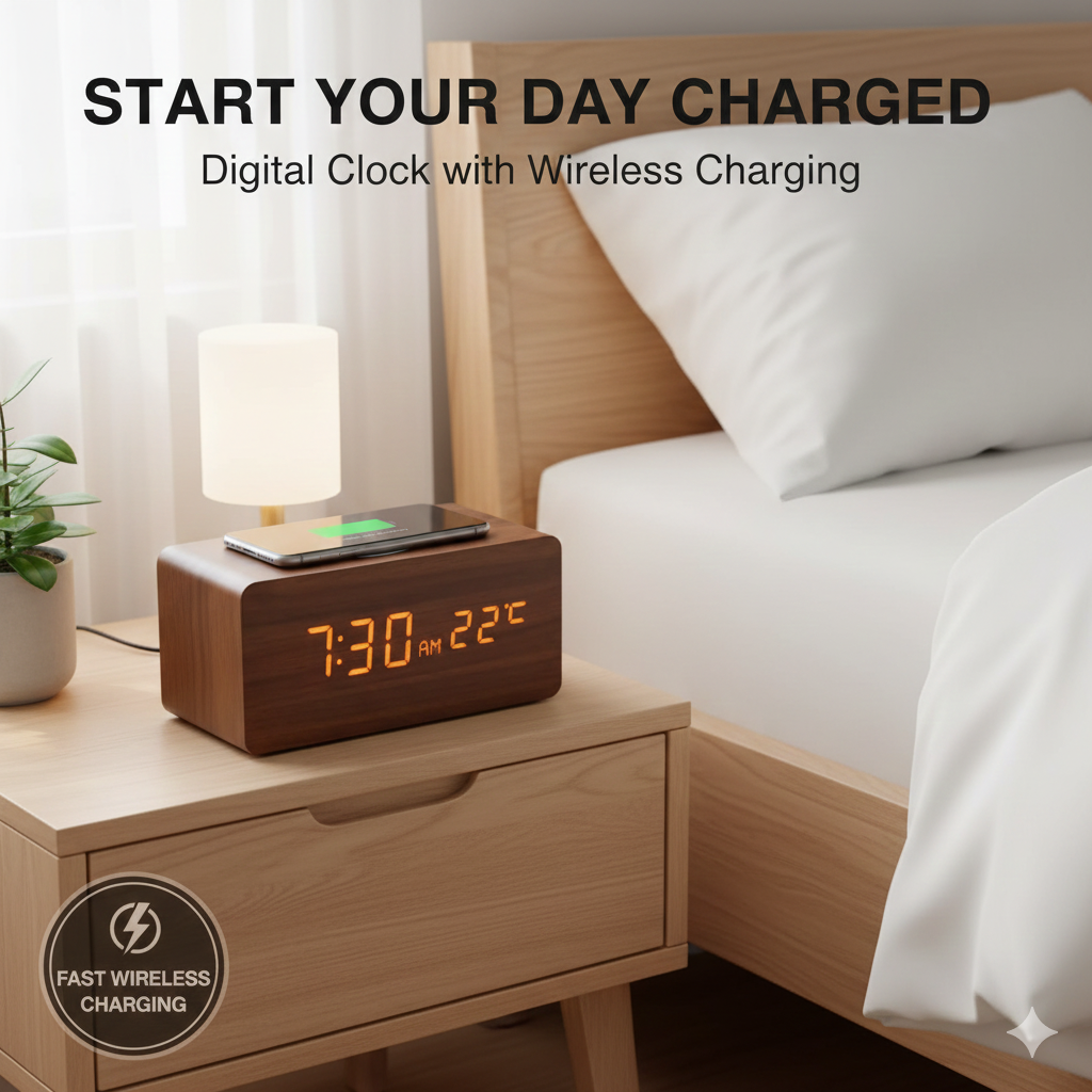Wooden LED Clock with Wireless Charging (P-158)