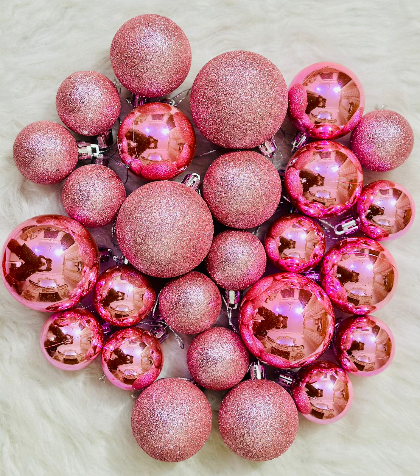 42-piece set of pink, shatterproof Christmas ball ornaments