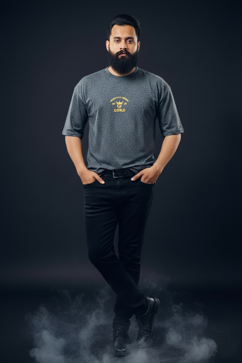 Gonji Dark Grey Yellow Logo Drop Shoulder T-Shirt