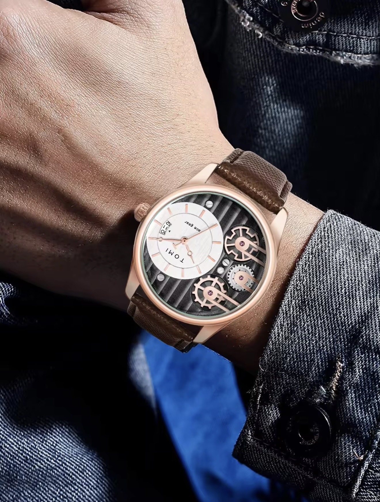 TOMI T-106 Face Gear Dual Strap Leather Belt Watch (Brown-Rosegold)_img_3