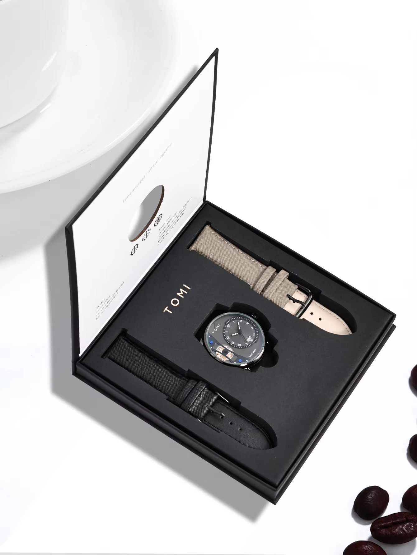TOMI T-105 Face Gear Dual Strap Leather Belt Watch (Black)_img_5