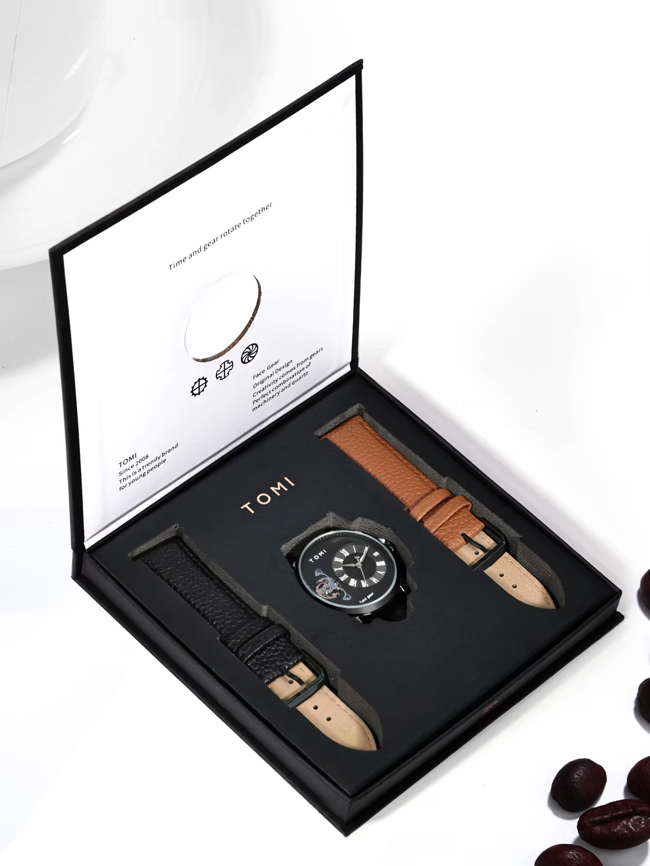 TOMI T-104 Face Gear Dual Strap Leather Belt Watch (Black)_img_6