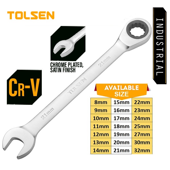 TOLSEN Ratchet Combination Spanner | Metric Sizes 8-32mm | Cr-V Steel | Chrome Plated | Satin Finish | Models: 15204 to 15228