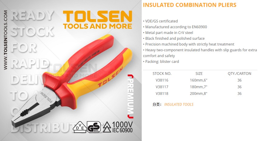 Tolsen 8" VDE 1000V Insulated Combination Pliers 200mm Model: V38118_img_3
