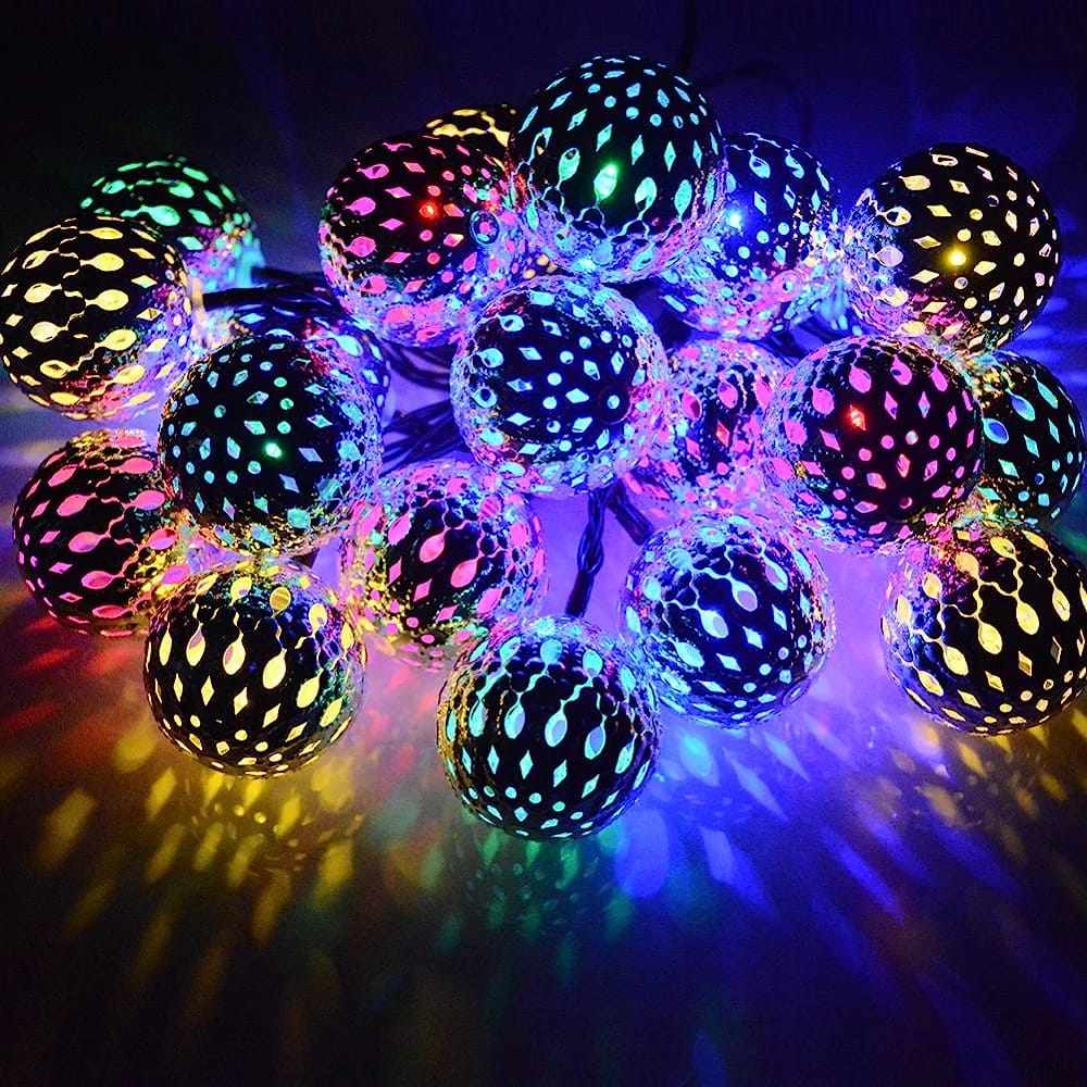20 LED Golden and Multicolor Moraccan Metal Ball String Fairy Light_img_4