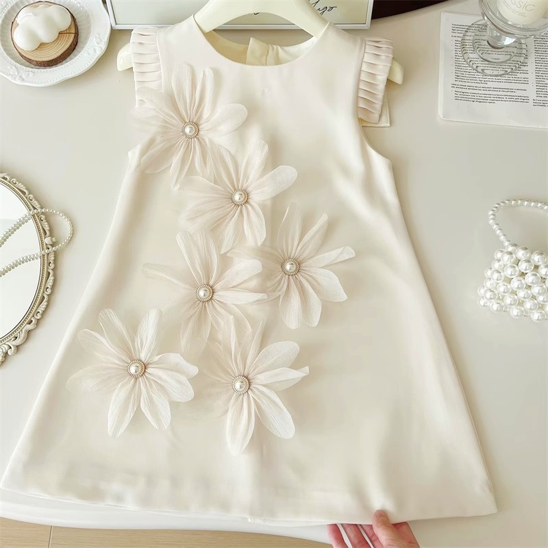 Kids Girls Summer Elegant Pearls Flower Sleeveless Korean Party Skirt (1 to 6 Years)_img_1
