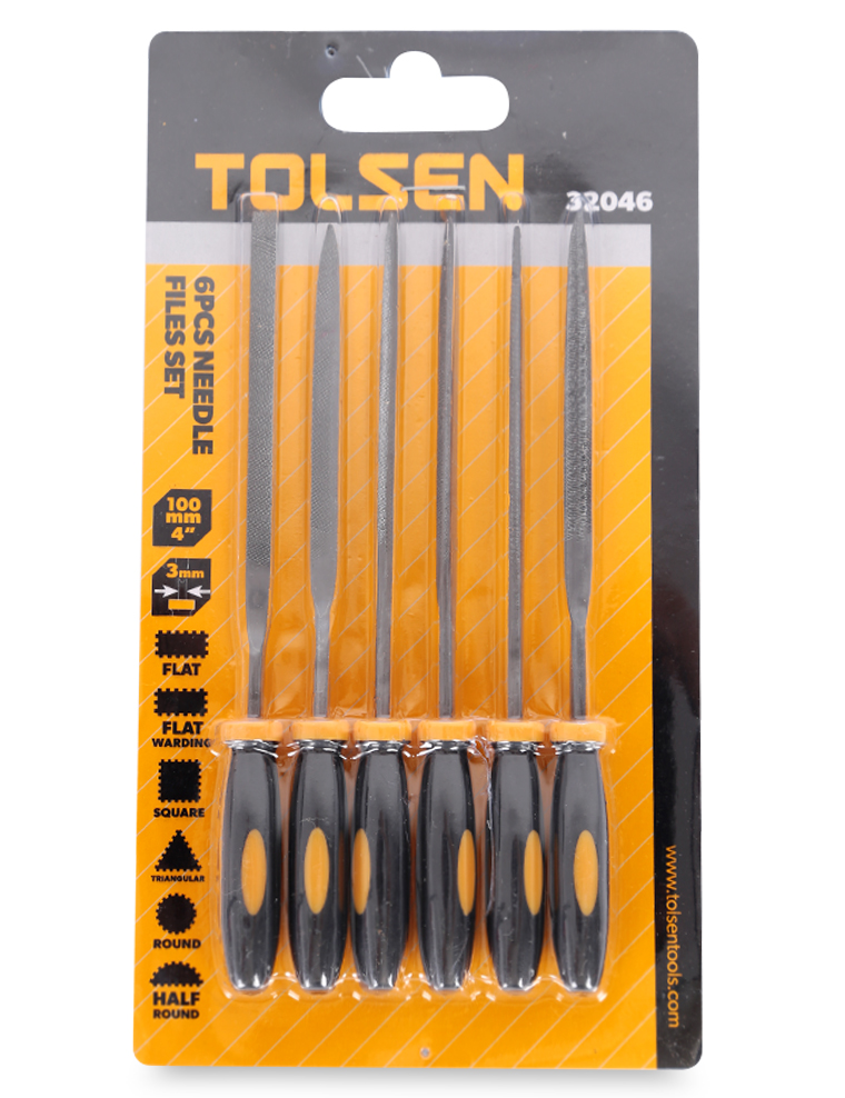 TOLSEN 32046 6 Pcs Needle Files Set | 3x100mm | Alloy Steel | TPR Handle | Flat, Warding, Square, Triangular, Round, Half Round | Model: 32046_img_2