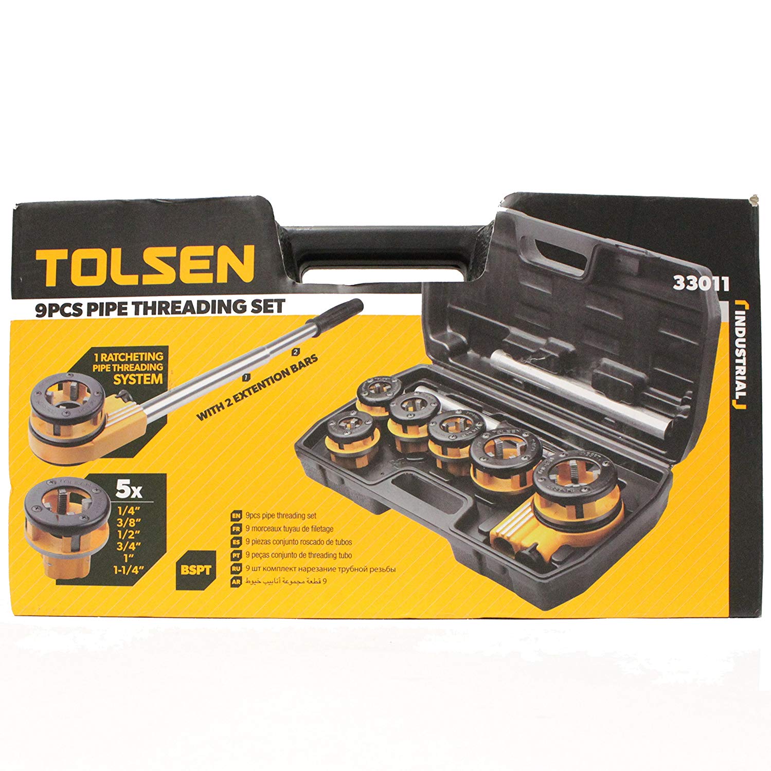 TOLSEN 33011 9Pcs Pipe Threading Set | BSPT | 1/4" to 1-1/4" | Ratcheting System | 2 Extension Bars | Model: 33011_img_2