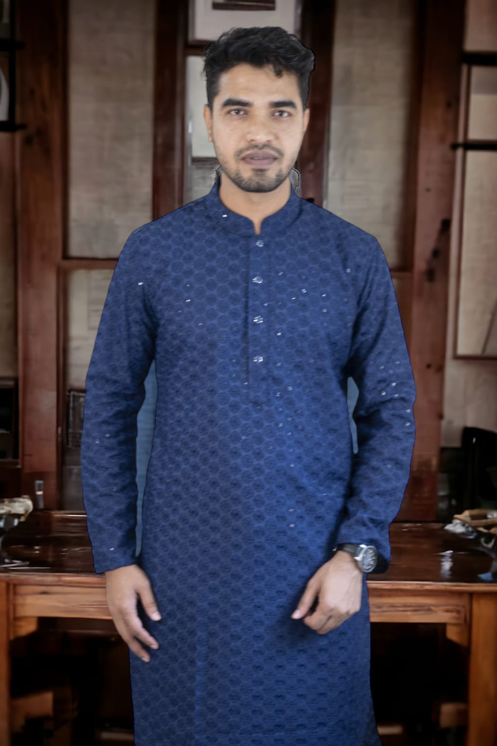 MEN'S NEVY BLUE CHIKANKARI EMBROIDERED AND SEQUENCE KURTAS