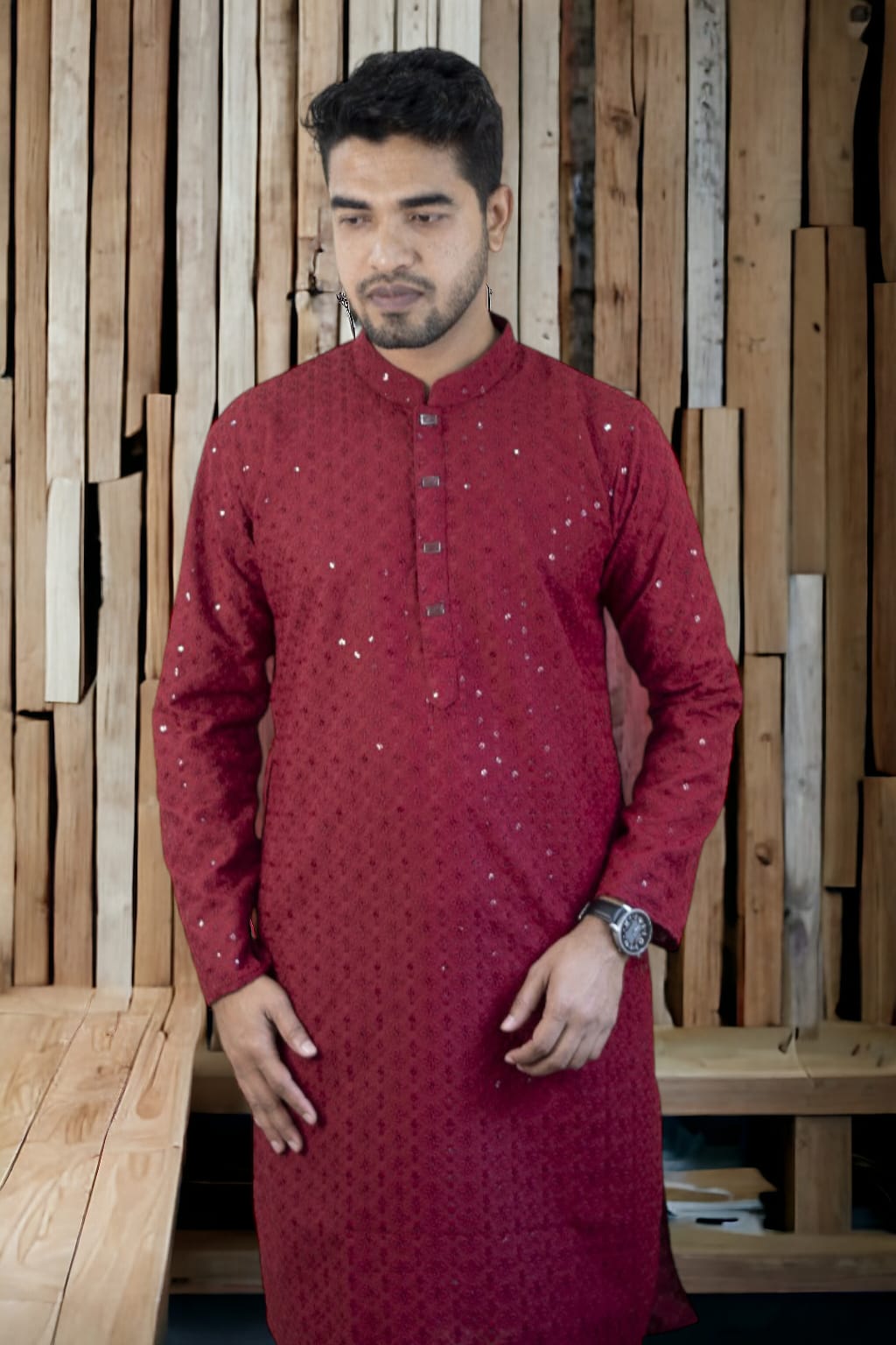 MEN'S MERUN CHIKANKARI EMBROIDERED AND SEQUENCE KURTAS