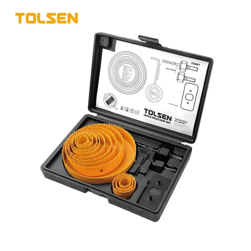 TOLSEN 75867 16Pcs Hole Saw Set Drill Bit Kits for Plywood Drywall Wood Plastic 75867