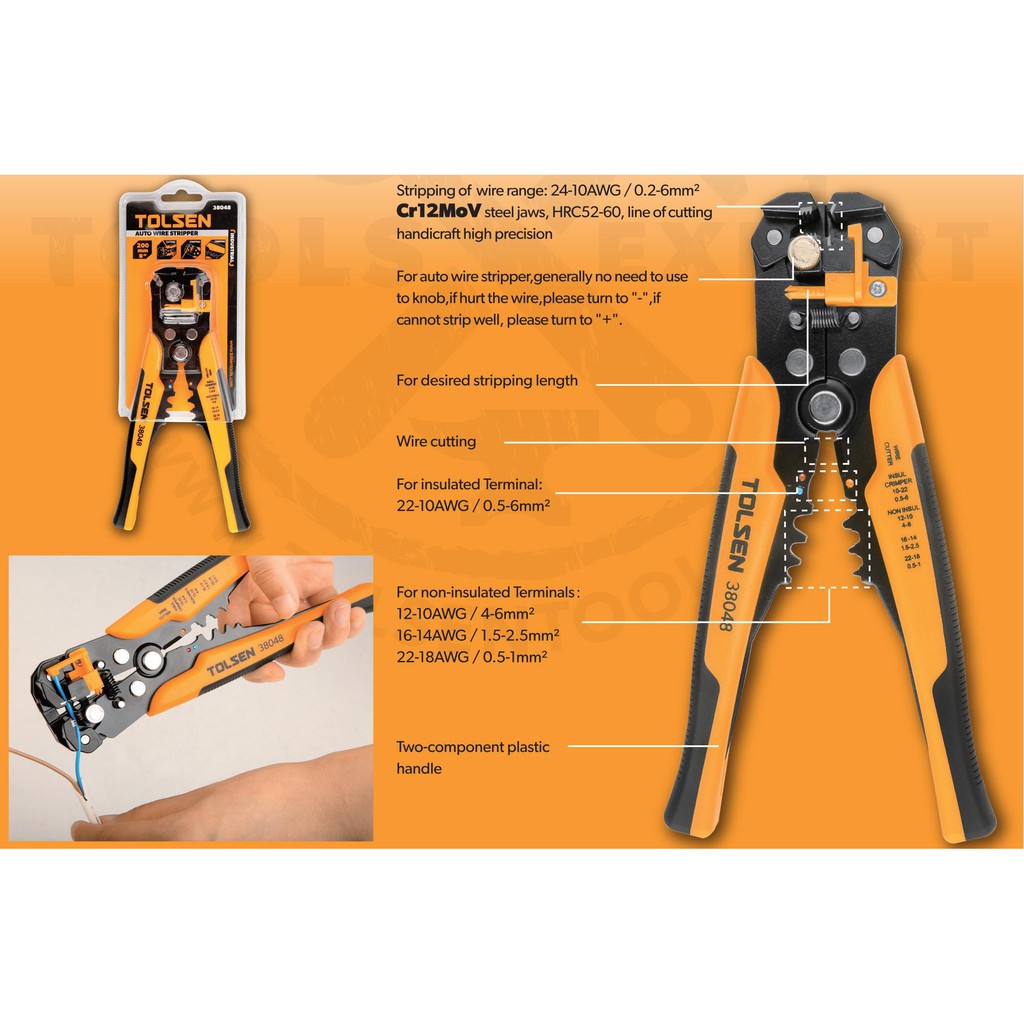 TOLSEN 38048 Industrial Automatic Wire Stripper | 8" (200mm) | 24-10 AWG | Stripping, Cutting & Crimping | Model: 38048_img_3