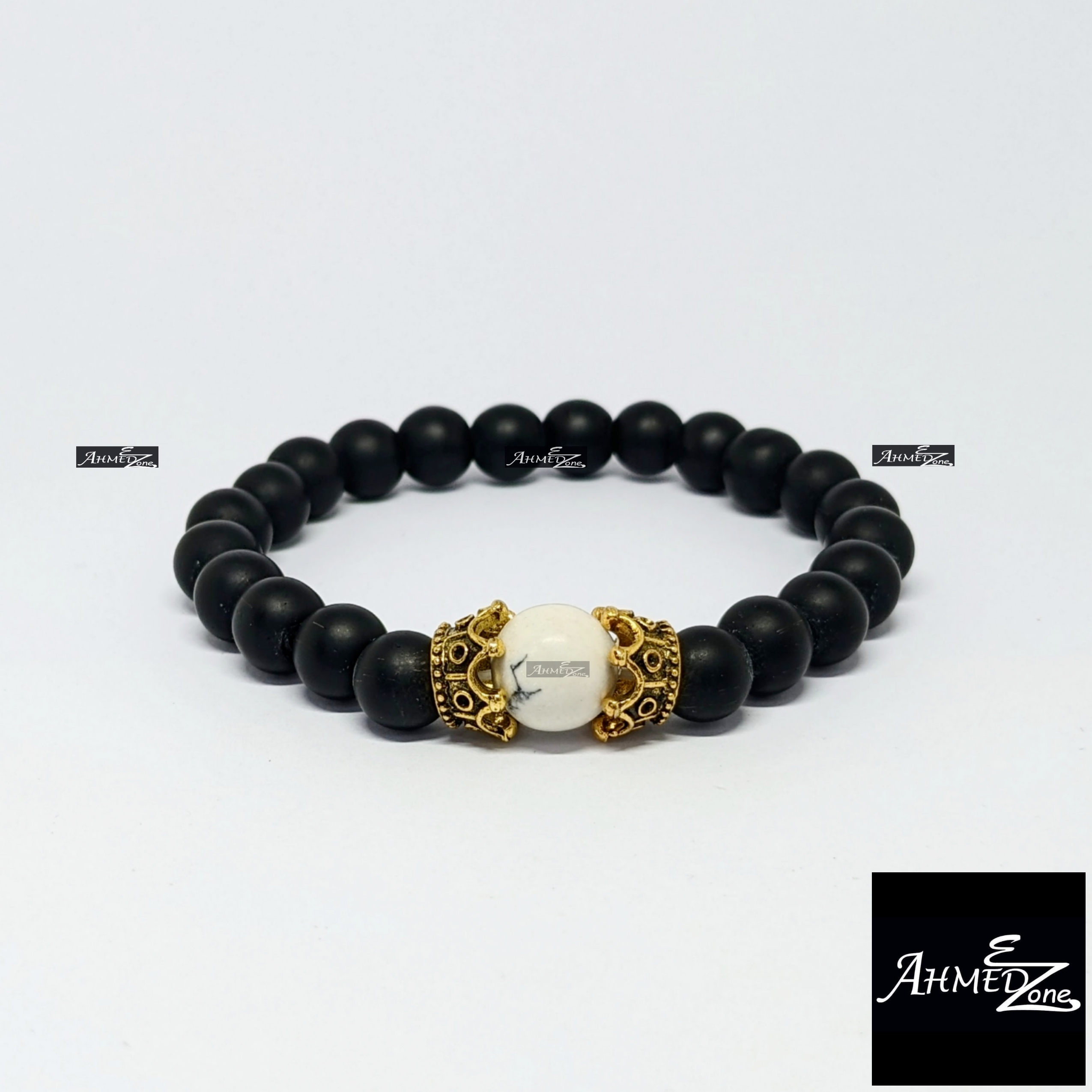 Beaded Black Bead With White Marbel Bracelet