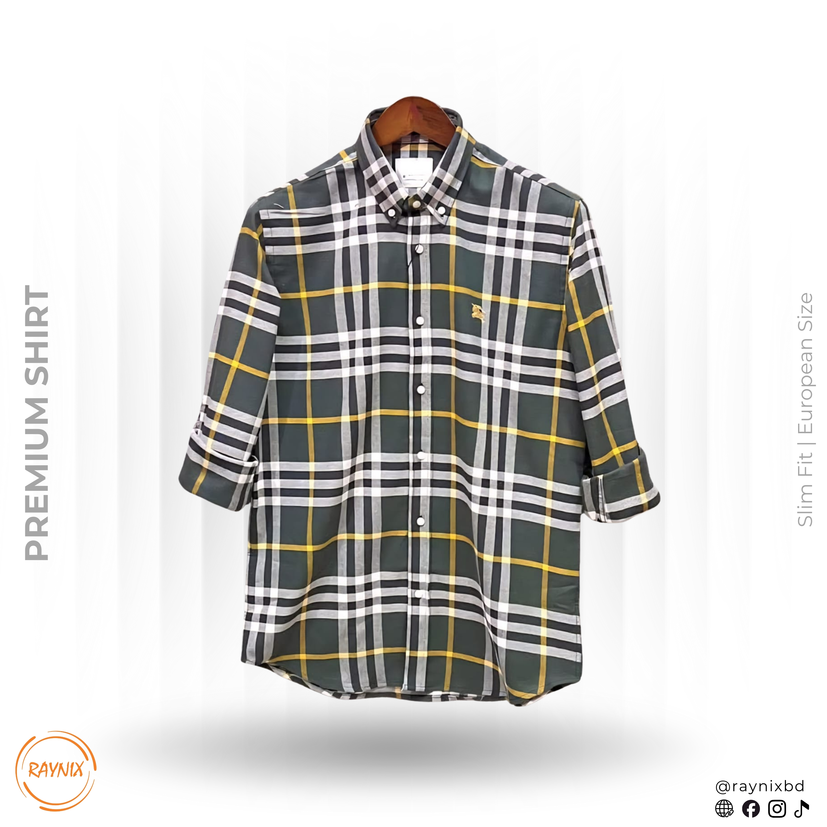 Burberry Men’s Premium Forest Green & Yellow Plaid Slim-Fit Casual Shirt