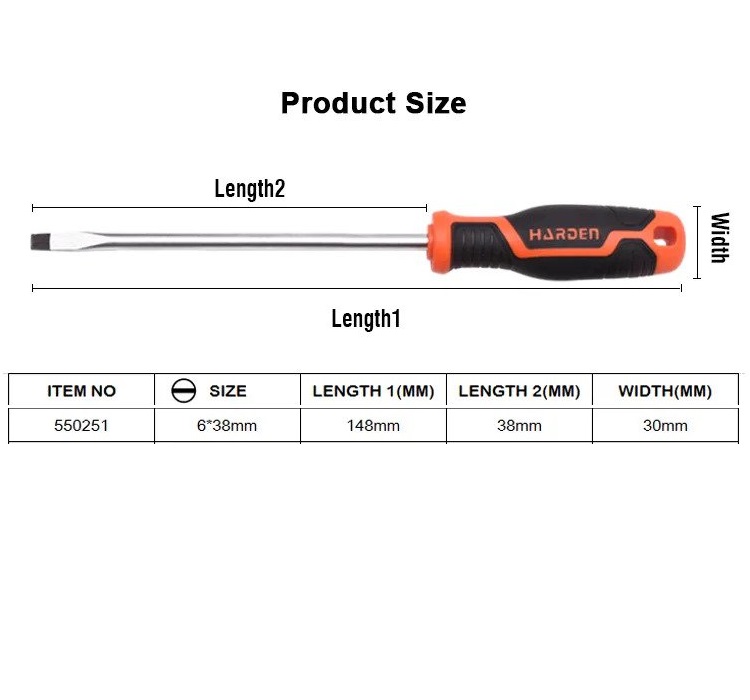HARDEN Slotted Magnetic Screwdriver ( 1.5" | 4" | 6" | 8" | 10" | 12" ), Flat Screw driver with strong magnet & CRV; Model: 550251 | 550253 | 550255 | 550256 | 550257 | 550258_img_8